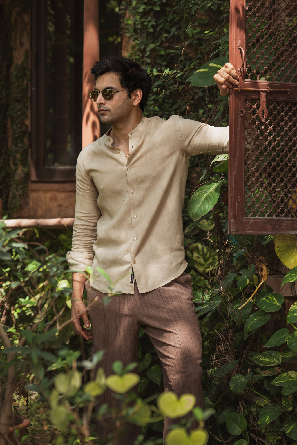 100% European Linen Mandarin Collar Shirt - Wheat