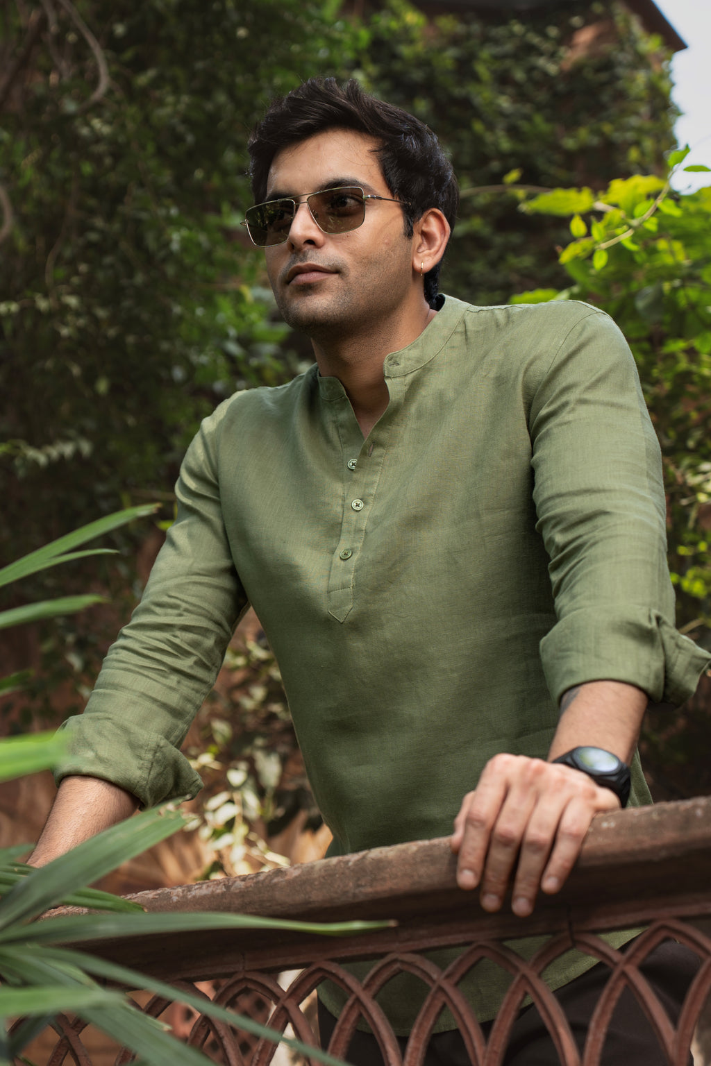 100% European Linen Relaxed Mandarin Collar Kurta - Bright Olive