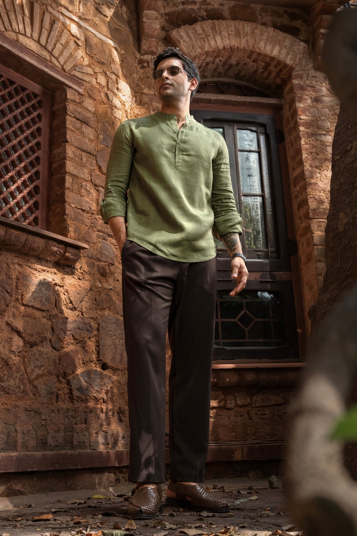 100% European Linen Relaxed Mandarin Collar Kurta - Bright Olive