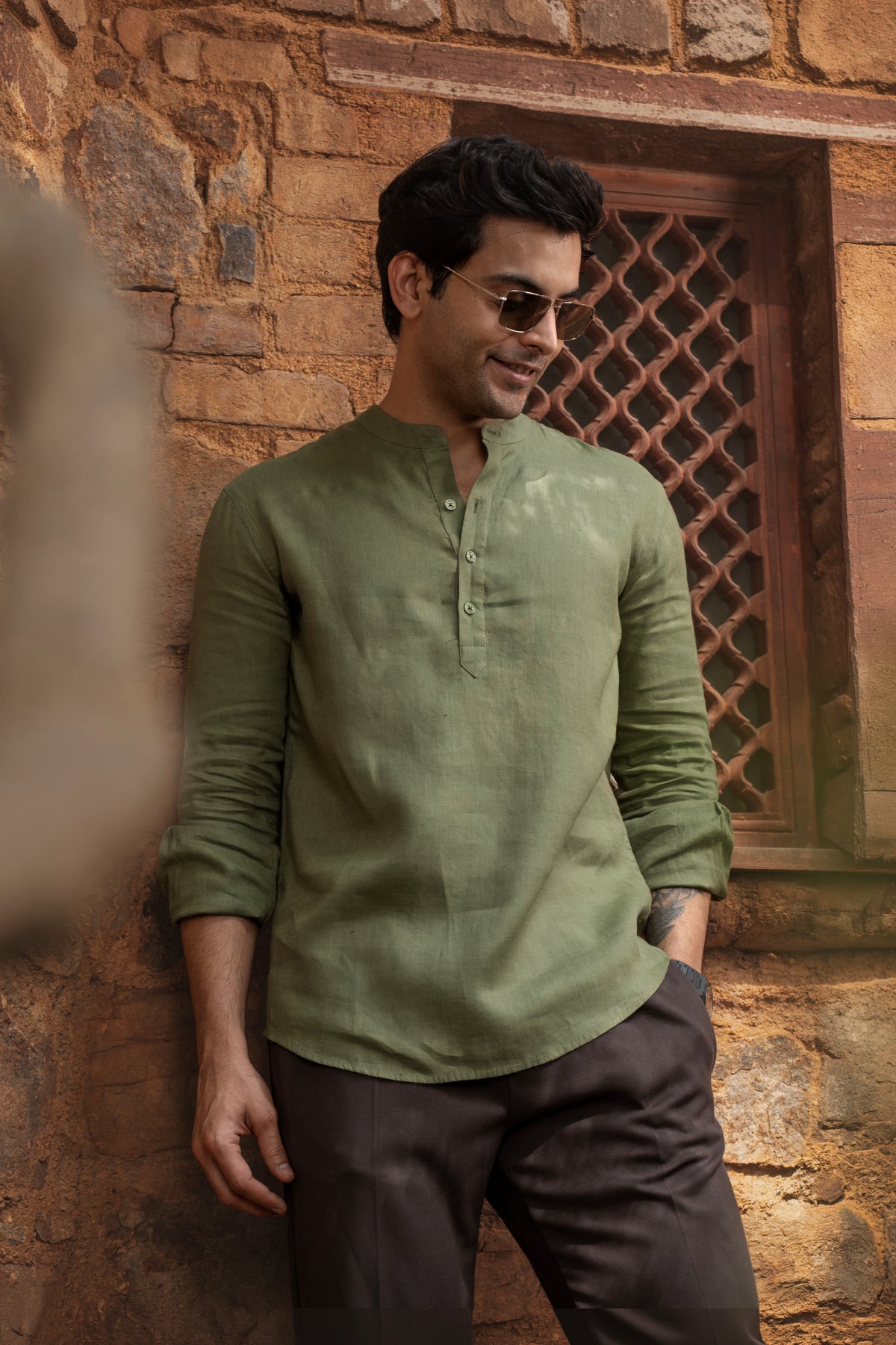 100% European Linen Relaxed Mandarin Collar Kurta - Bright Olive
