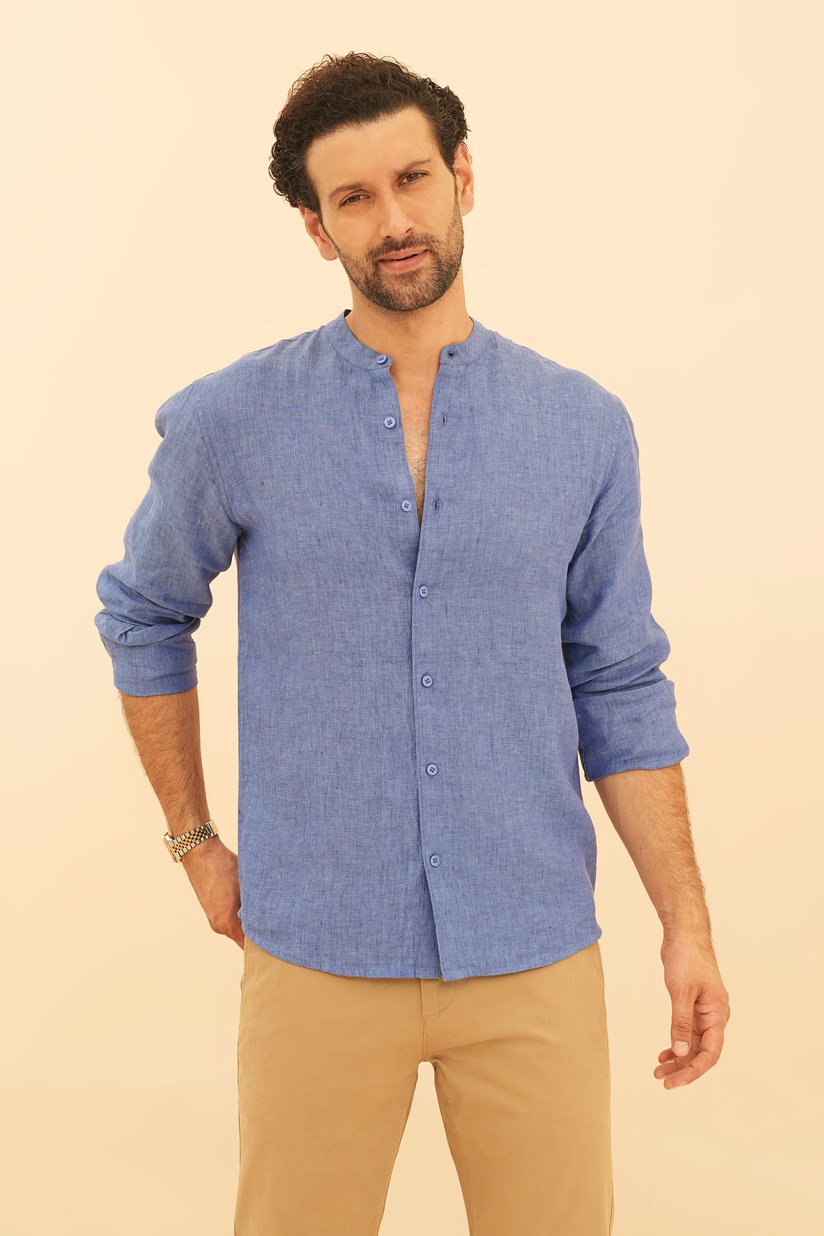 100% European Linen Mandarin Collar Shirt