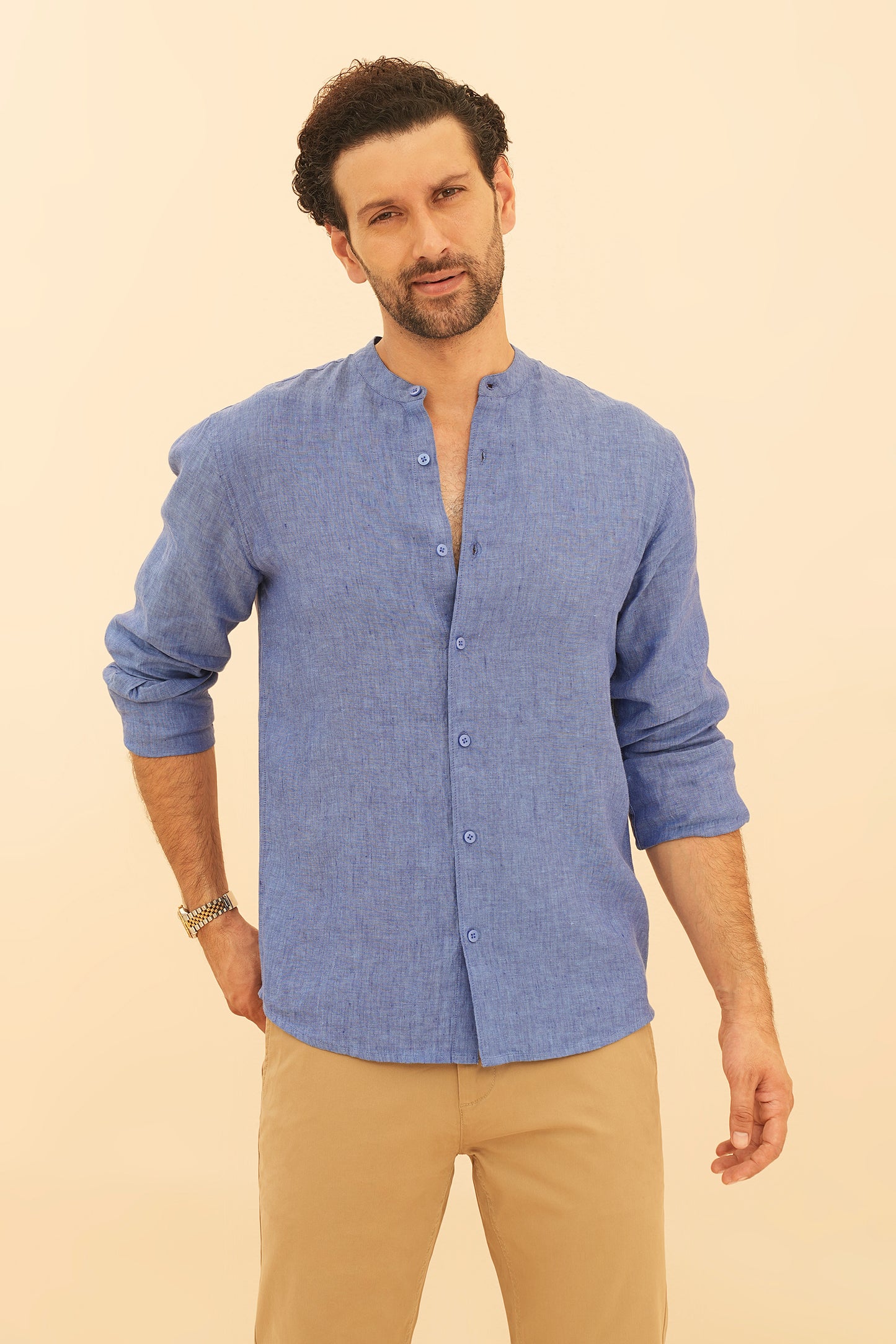 100% European Linen Mandarin Collar Shirt