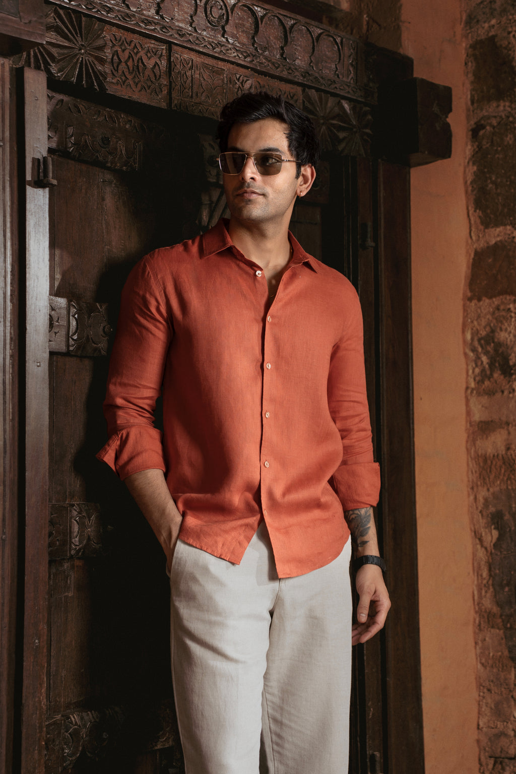 100% European Linen Classic Everyday Shirt - Burnt Orange