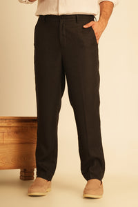 100% European Linen Straight Fit Trousers - Black