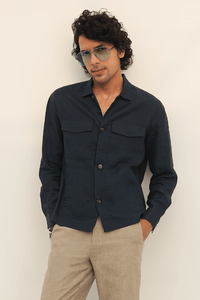 100% European Linen Utility Shacket - Navy