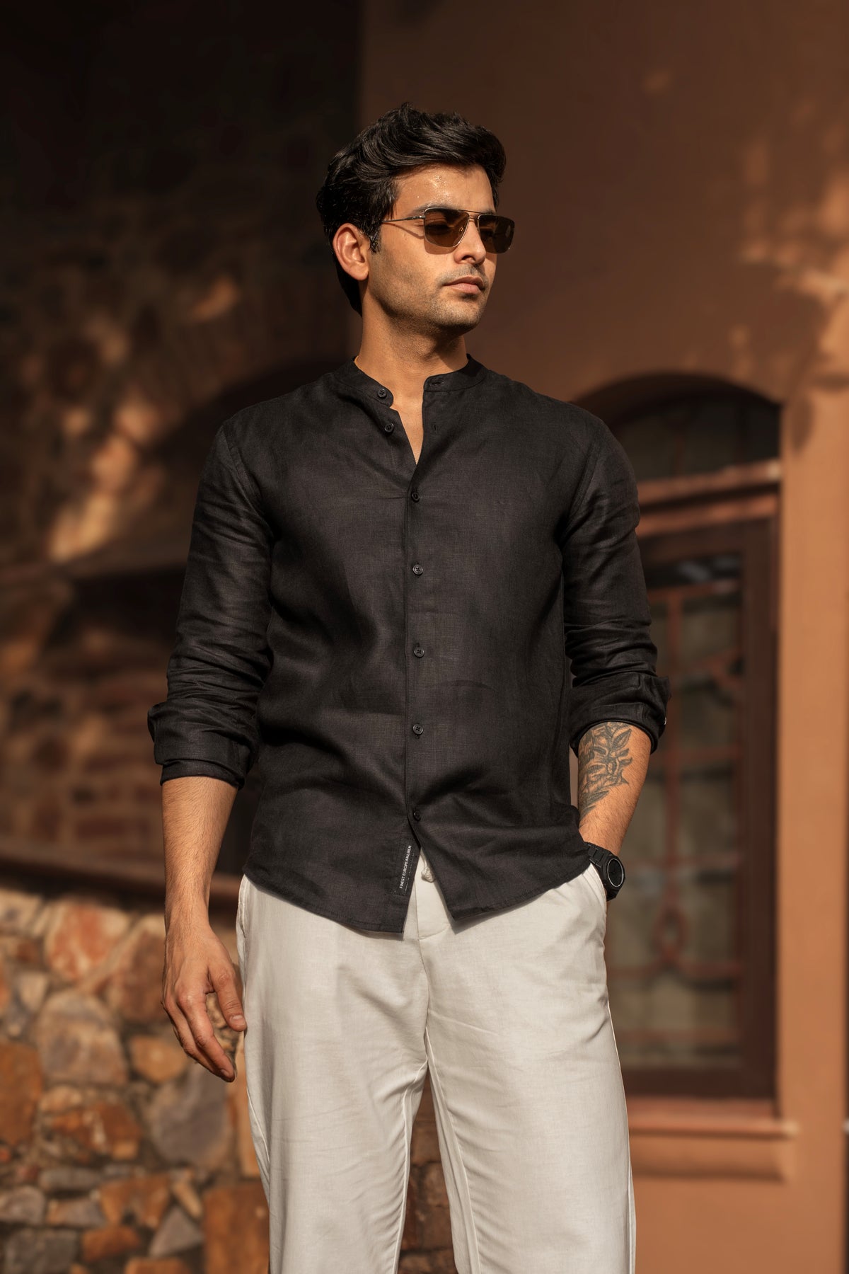 100% European Linen Mandarin Collar Shirt - Black