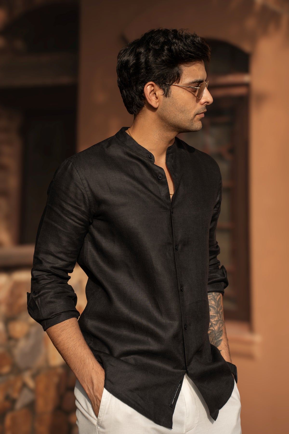 100% European Linen Mandarin Collar Shirt - Black