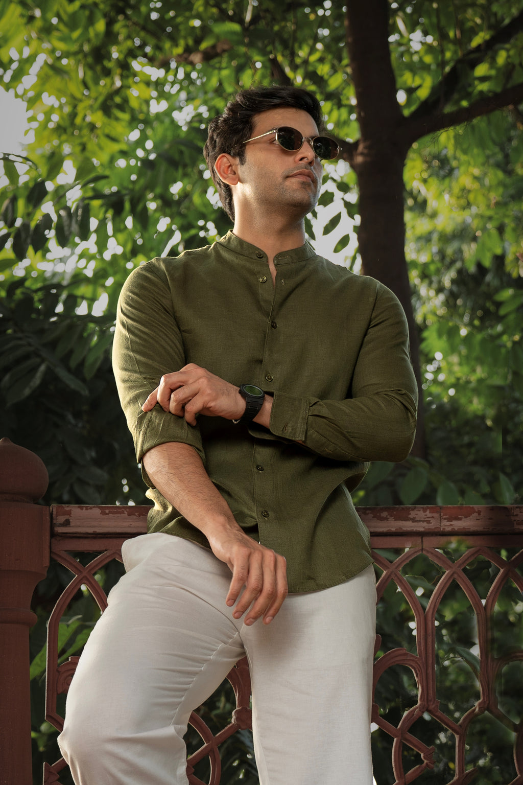 100% European Linen Mandarin Collar Shirt - Olive
