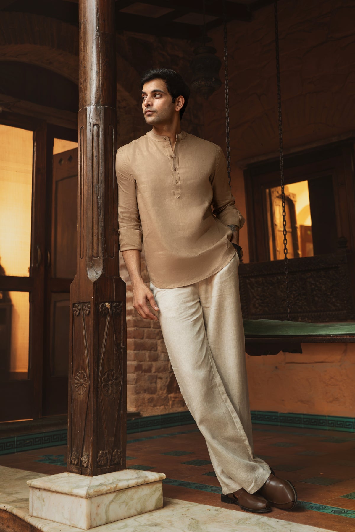 100% European Linen Relaxed Mandarin Collar Kurta - Earthy Brown