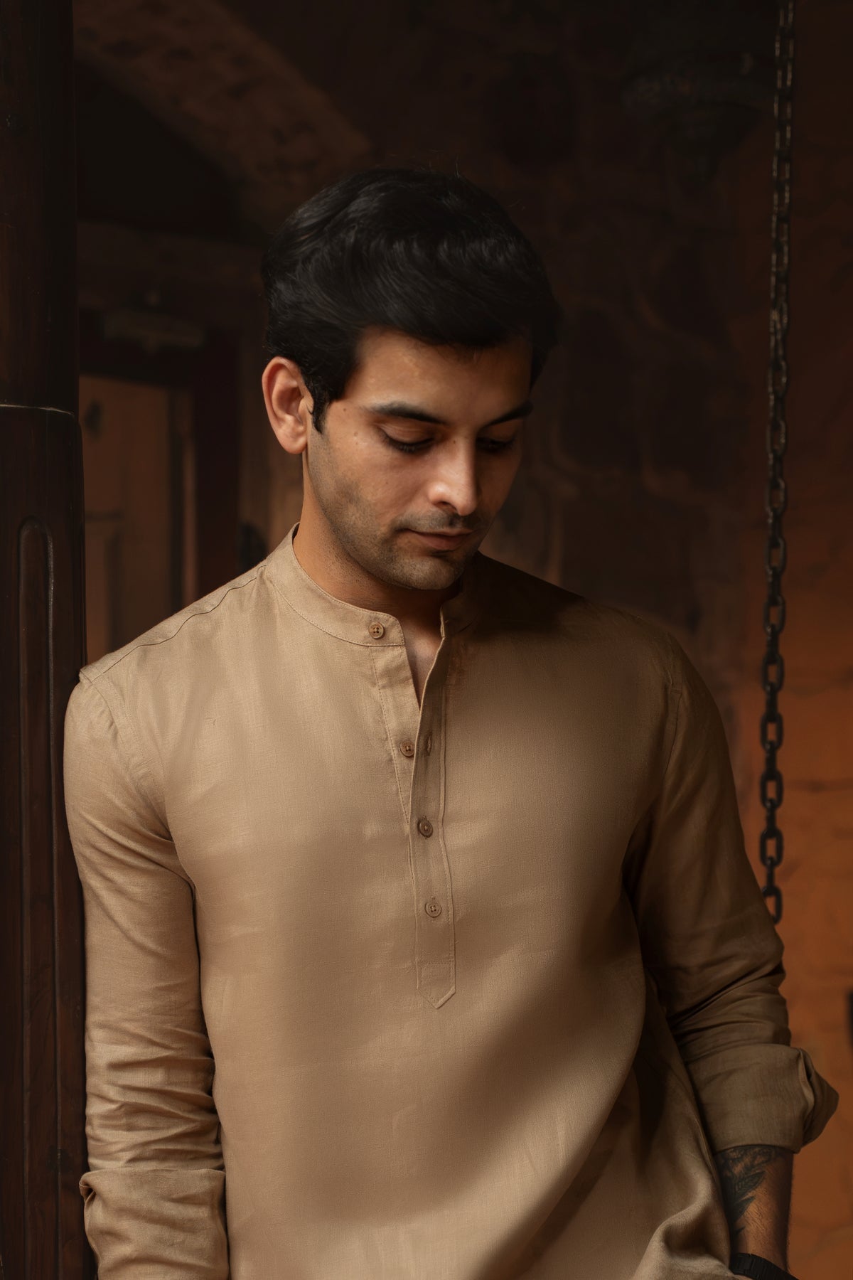 100% European Linen Relaxed Mandarin Collar Kurta - Earthy Brown