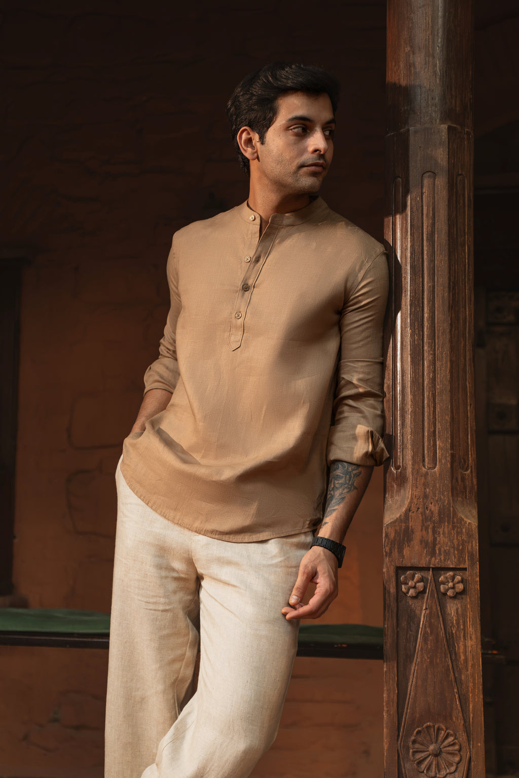 100% European Linen Relaxed Mandarin Collar Kurta - Earthy Brown