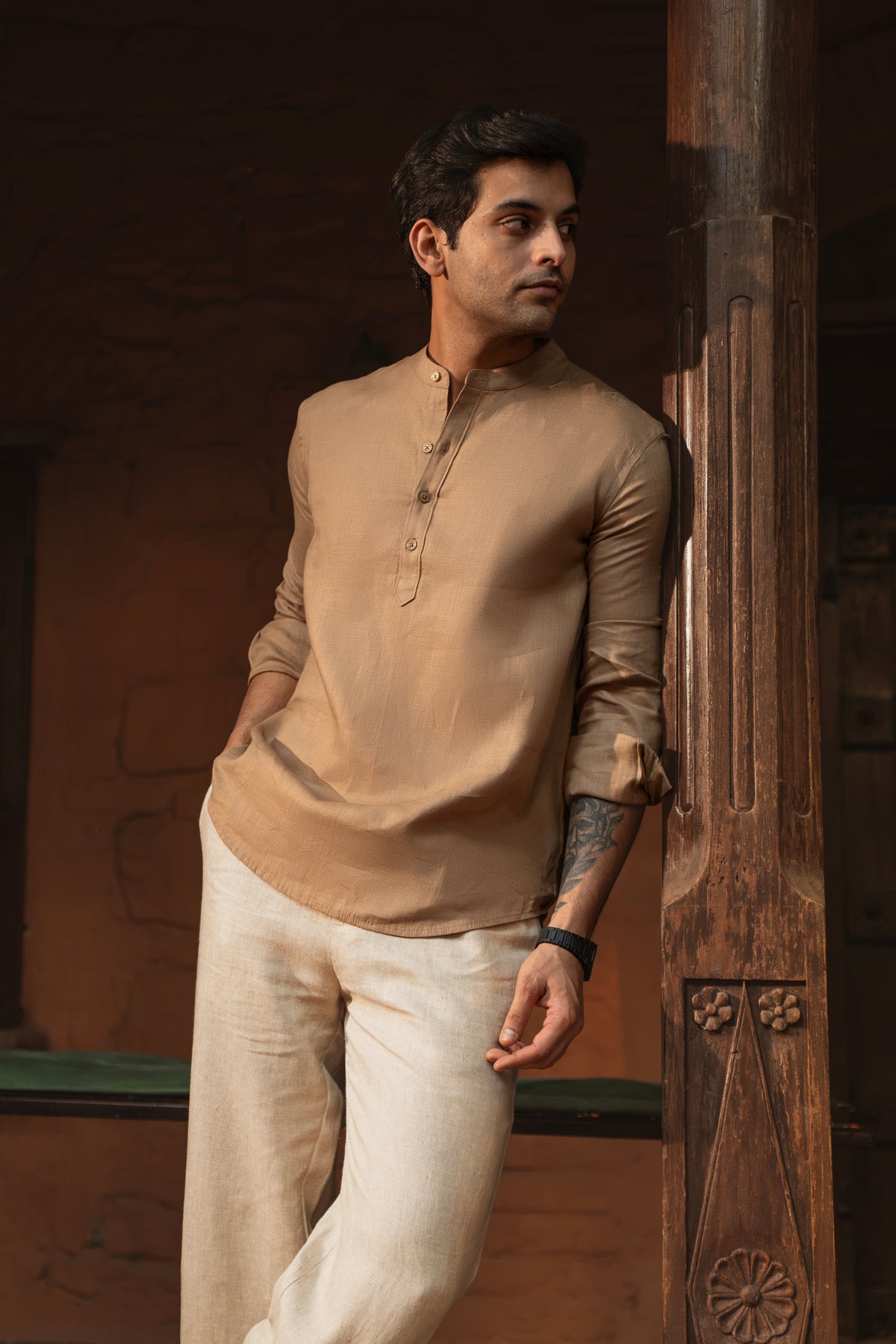 100% European Linen Relaxed Mandarin Collar Kurta - Earthy Brown