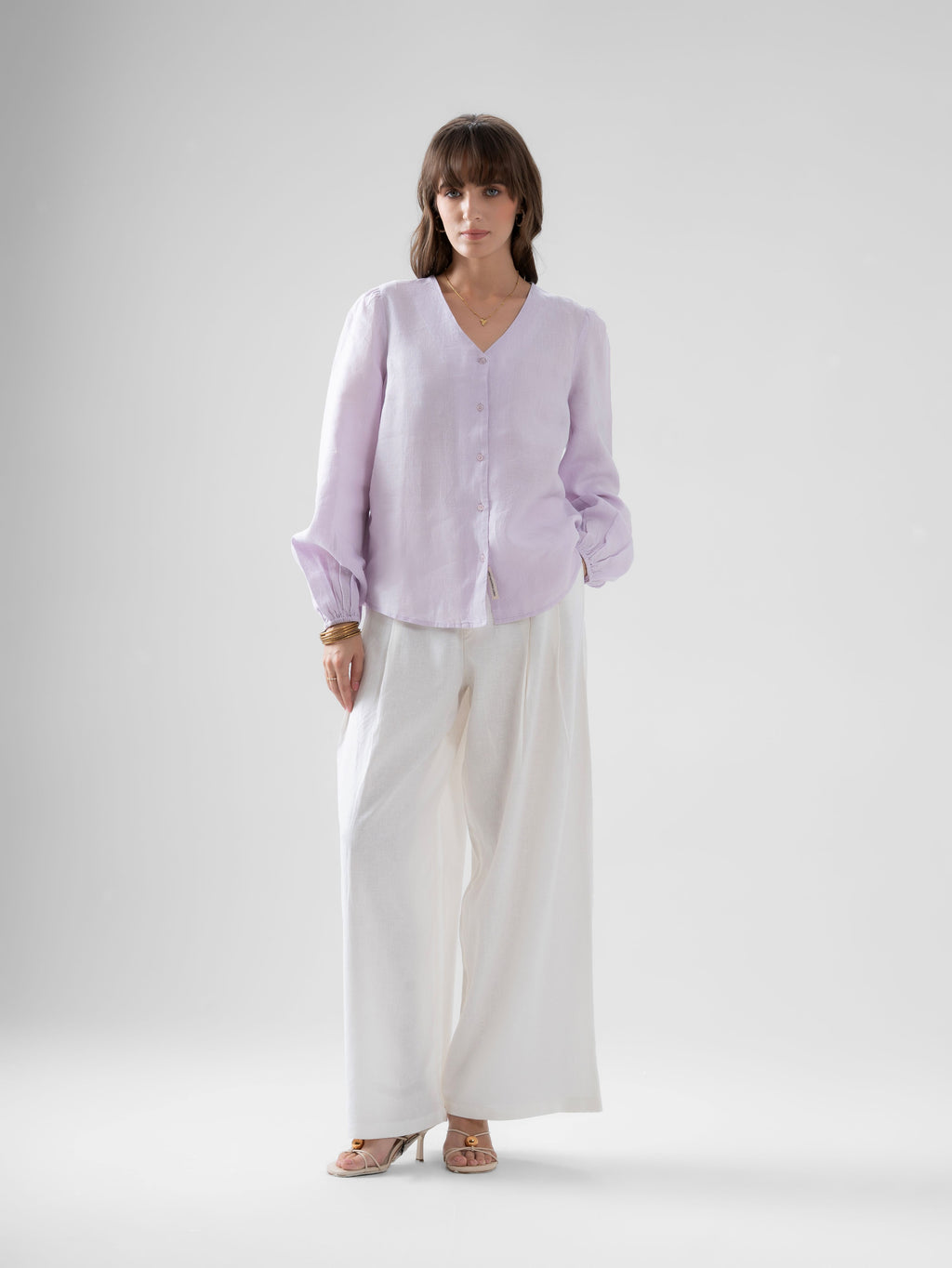 100% European Linen Regular Fit V-Neck Blouse - Lilac