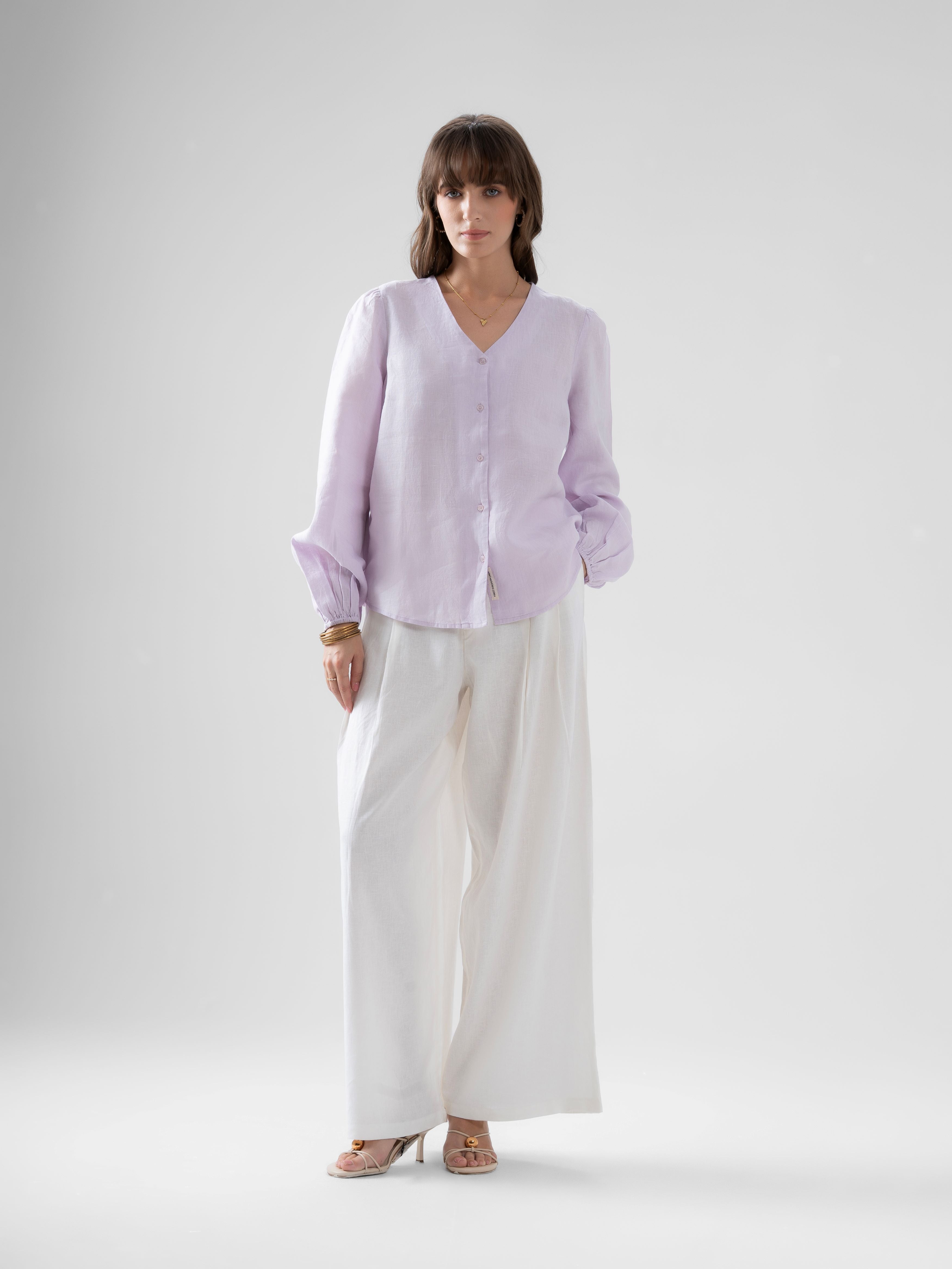 100% European Linen Regular Fit V-Neck Blouse - Lilac