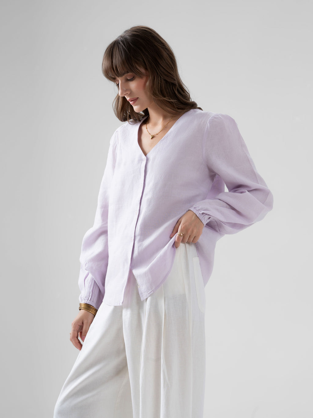 100% European Linen Regular Fit V-Neck Blouse - Lilac