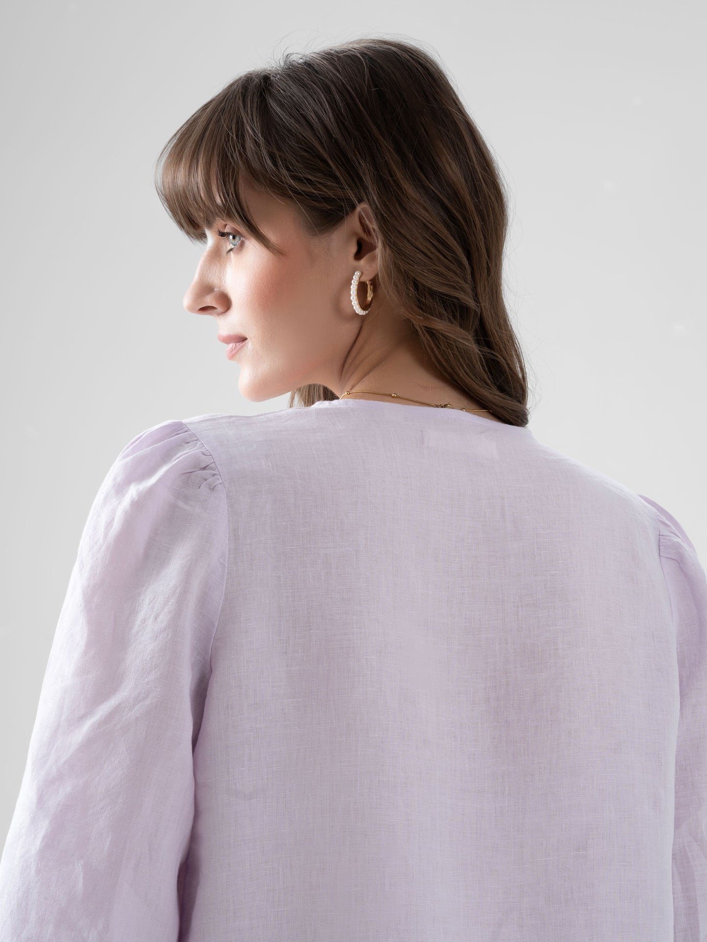 100% European Linen Regular Fit V-Neck Blouse - Lilac
