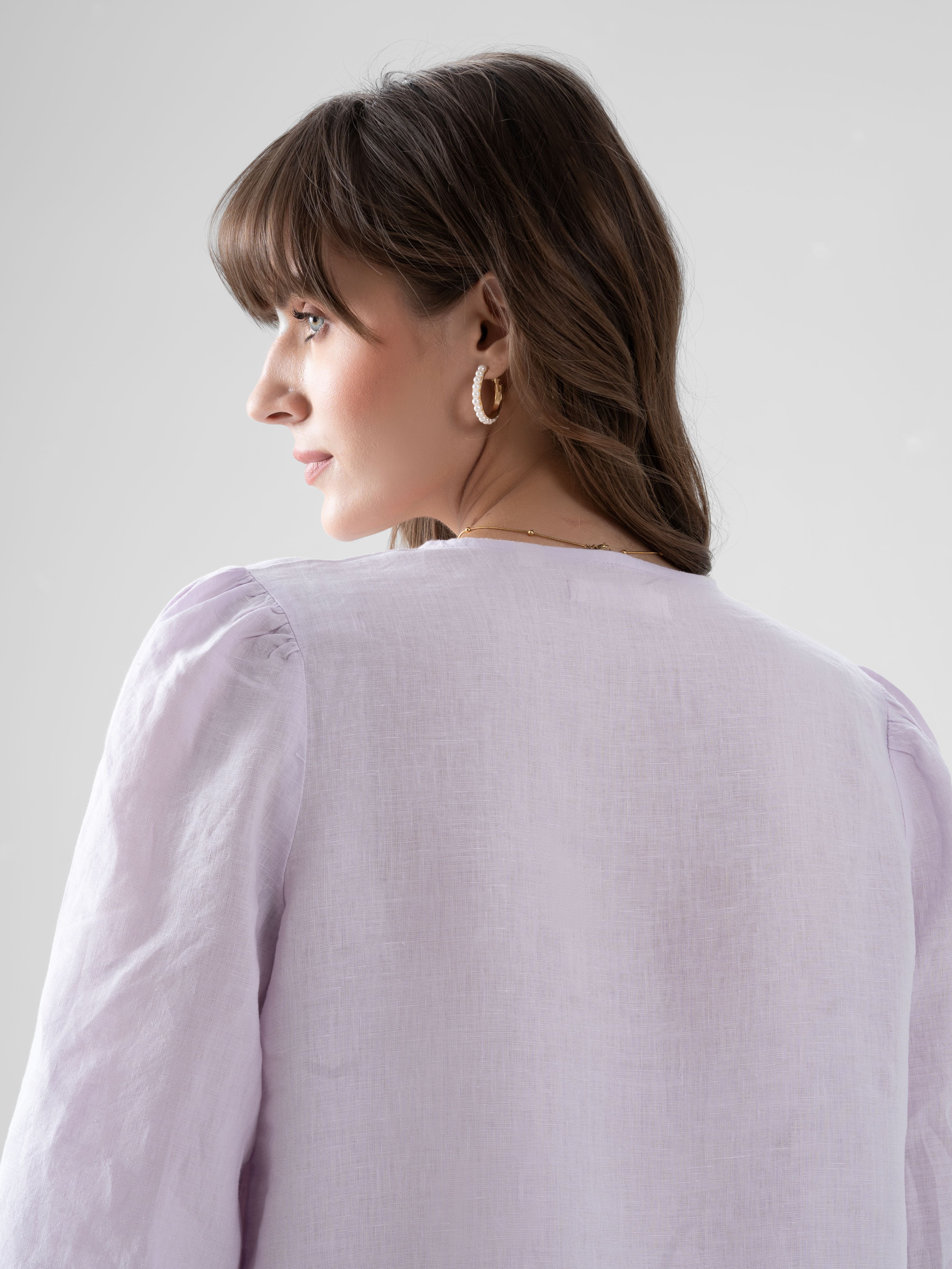 100% European Linen Regular Fit V-Neck Blouse - Lilac