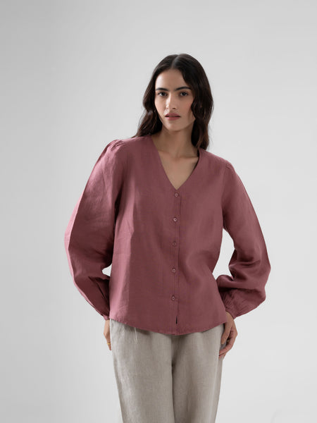 100% European Linen Regular Fit V-Neck Blouse - Rust