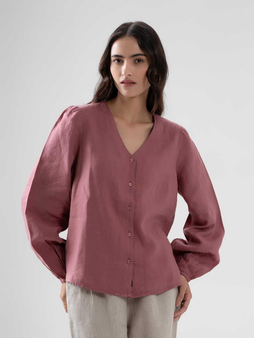 100% European Linen Regular Fit V-Neck Blouse - Rose