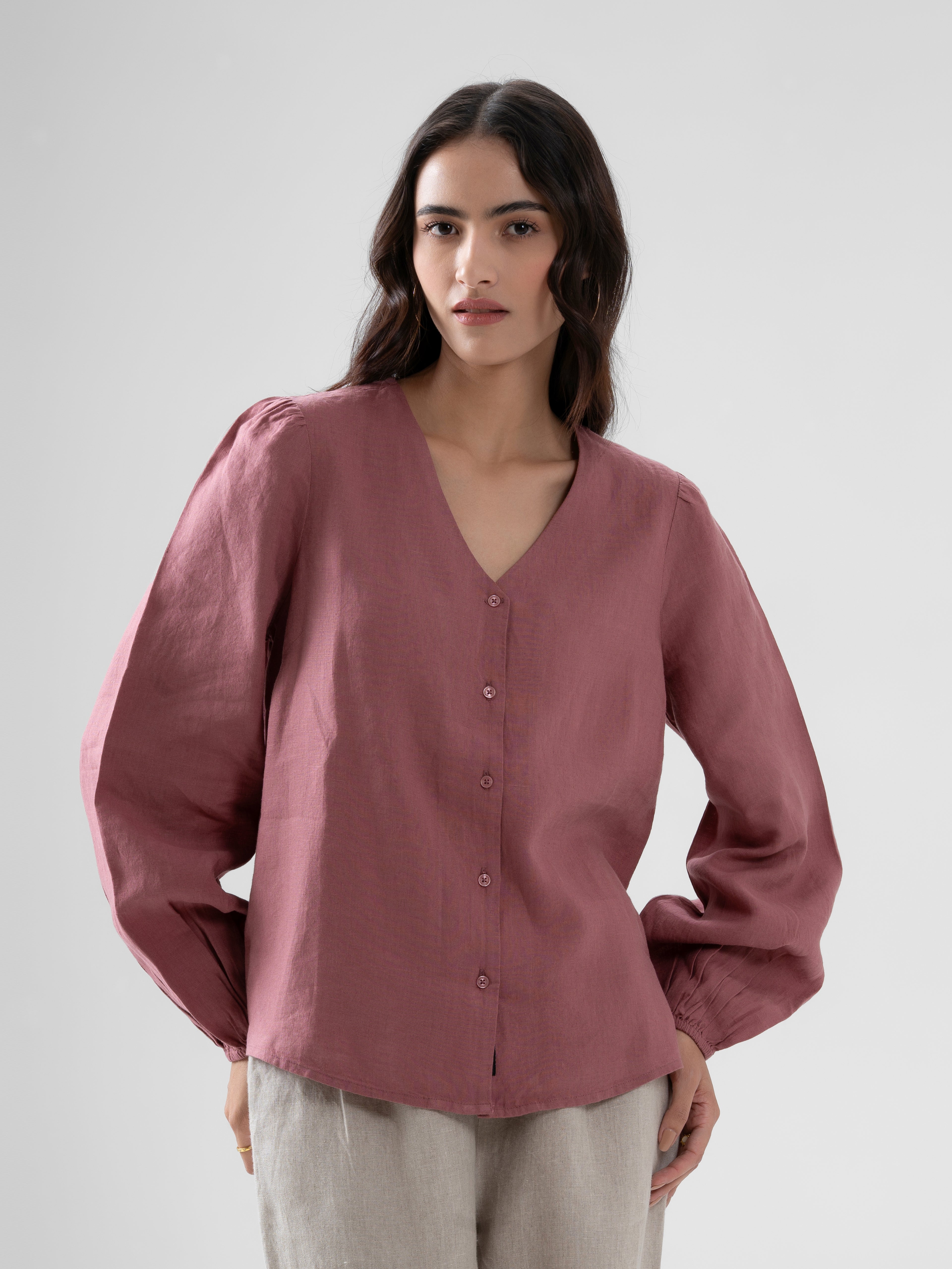 100% European Linen Regular Fit V-Neck Blouse - Rose
