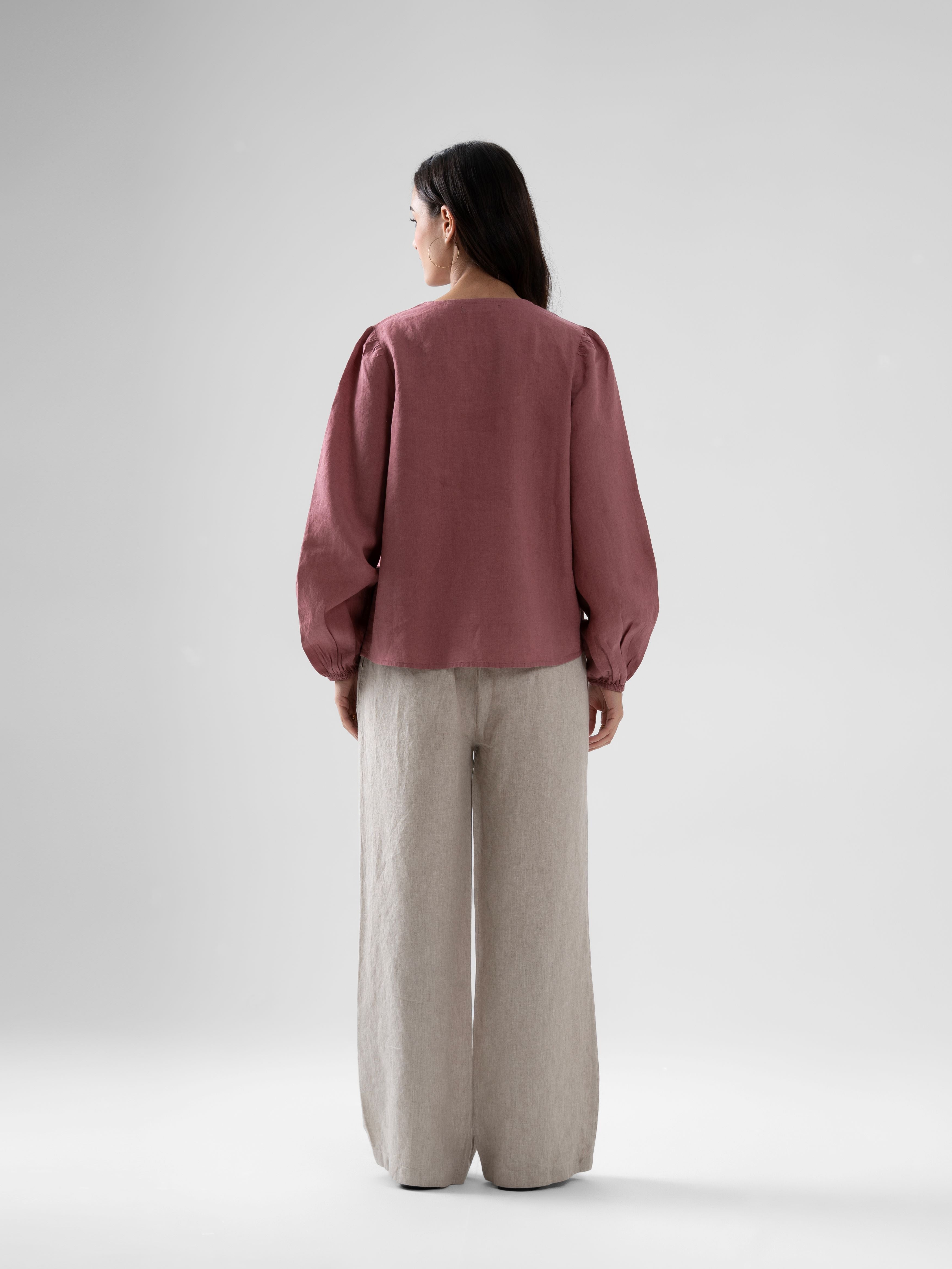 100% European Linen Regular Fit V-Neck Blouse - Rose