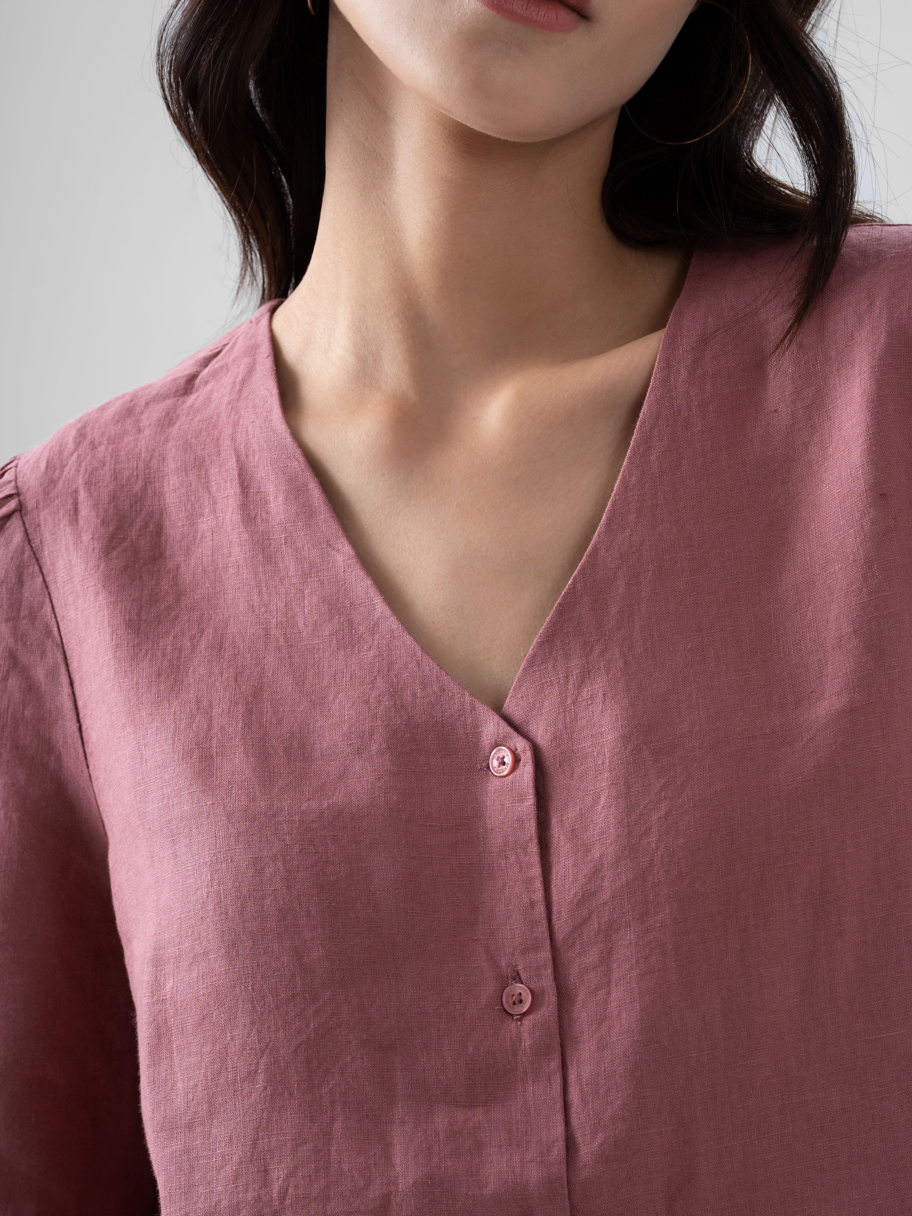 100% European Linen Regular Fit V-Neck Blouse - Rose