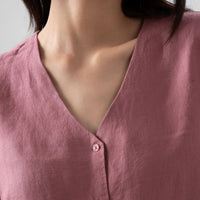 100% European Linen Regular Fit V-Neck Blouse - Rust