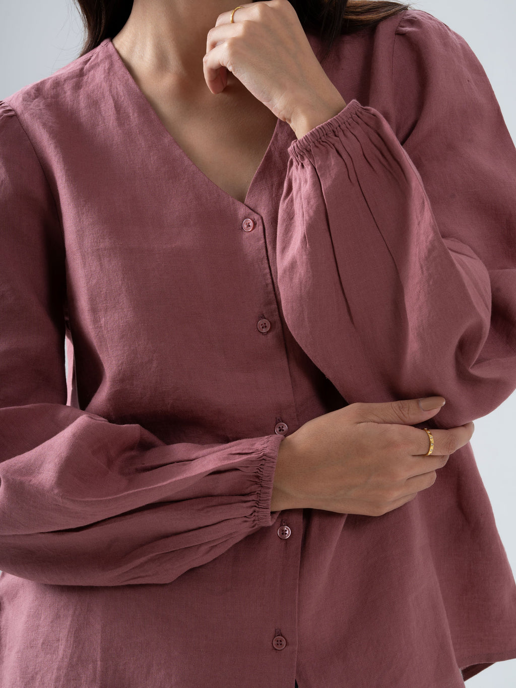 100% European Linen Regular Fit V-Neck Blouse - Rose