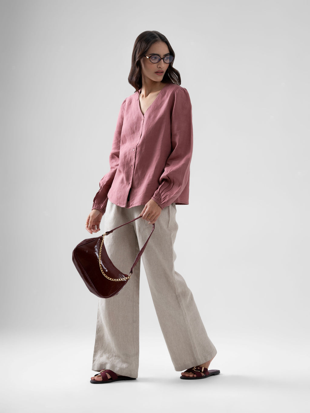 100% European Linen Regular Fit V-Neck Blouse - Rose