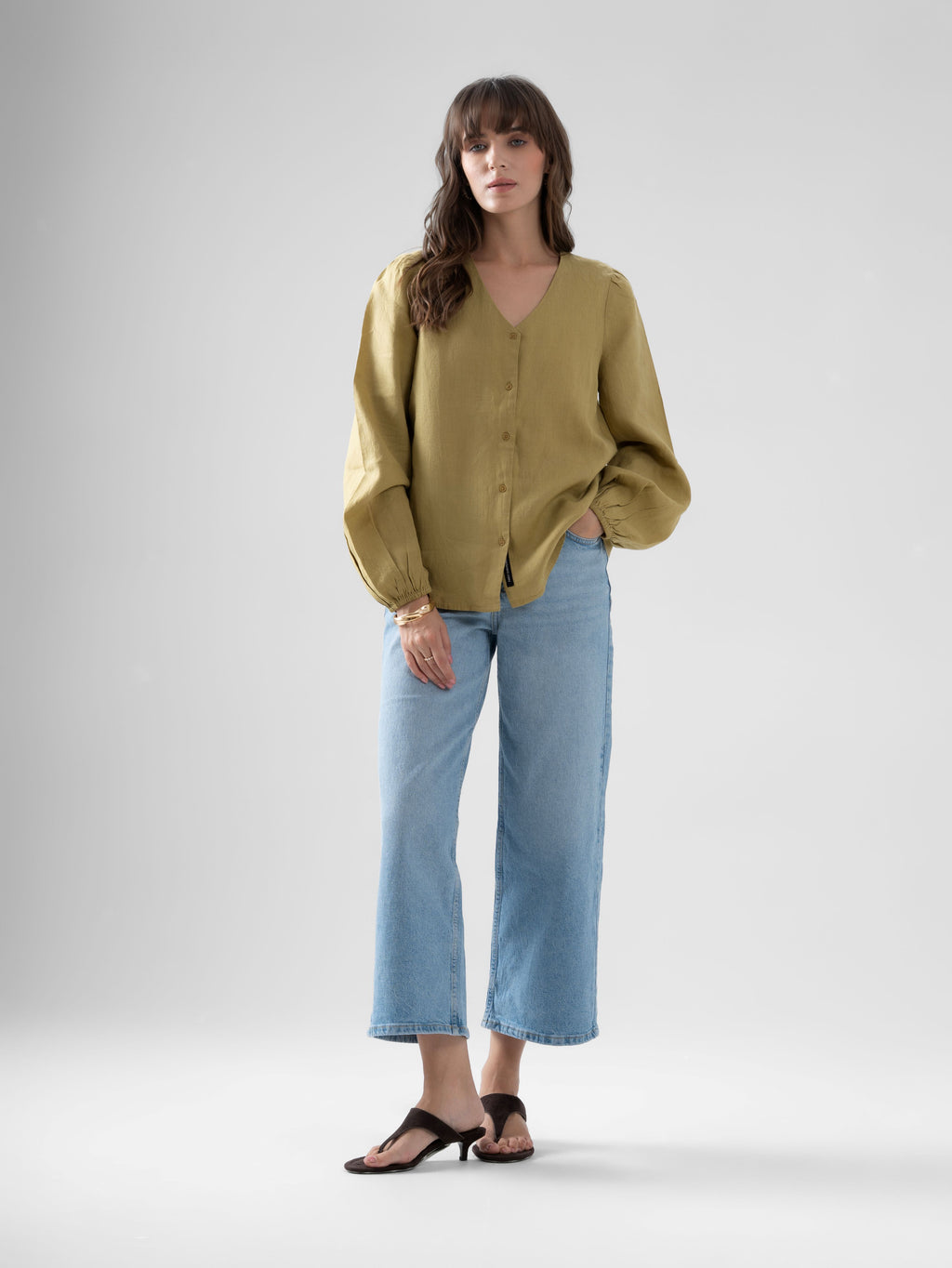 100% European Linen Regular Fit V-Neck Blouse - Olive Stone