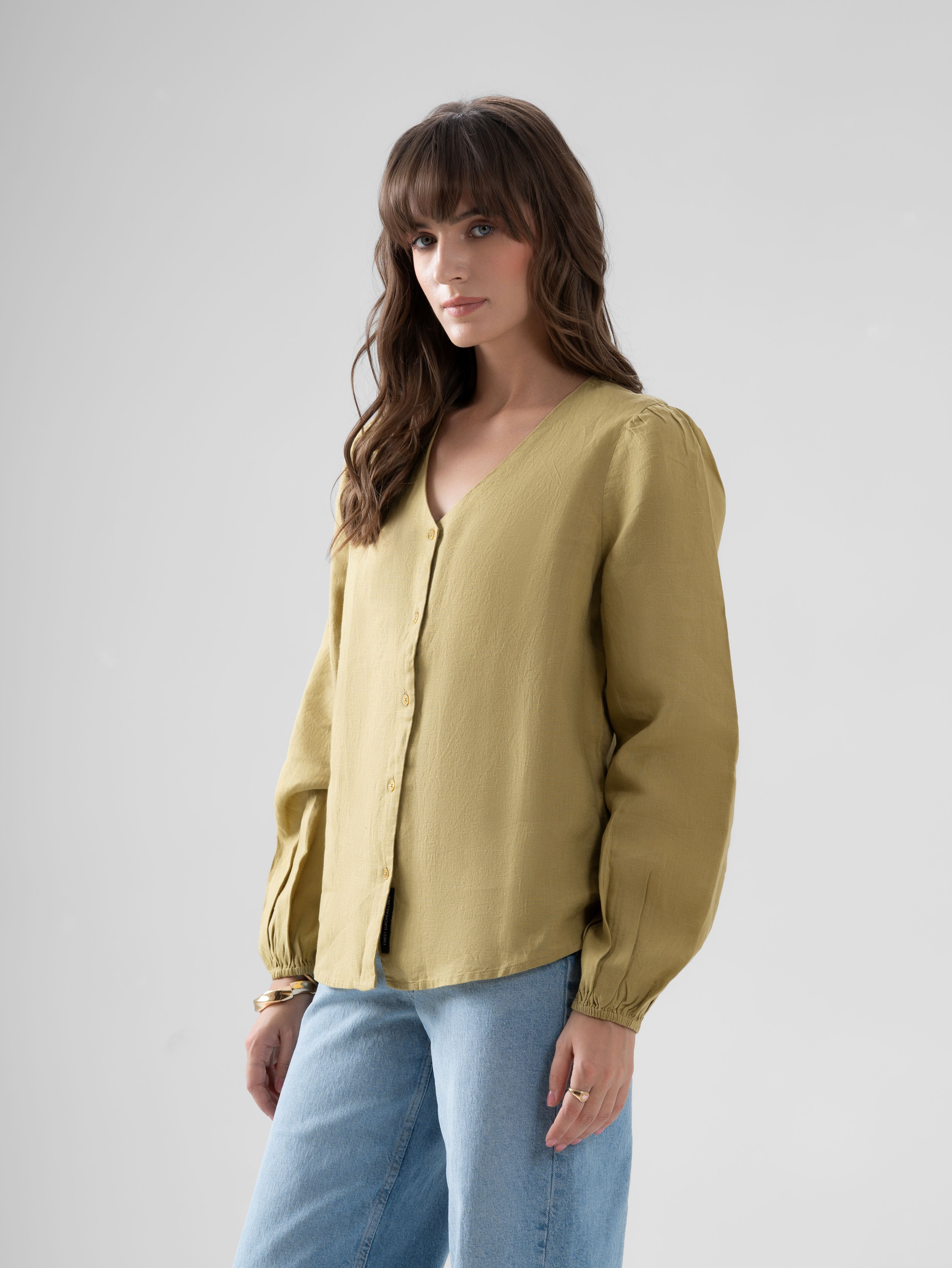 100% European Linen Regular Fit V-Neck Blouse - Olive Stone