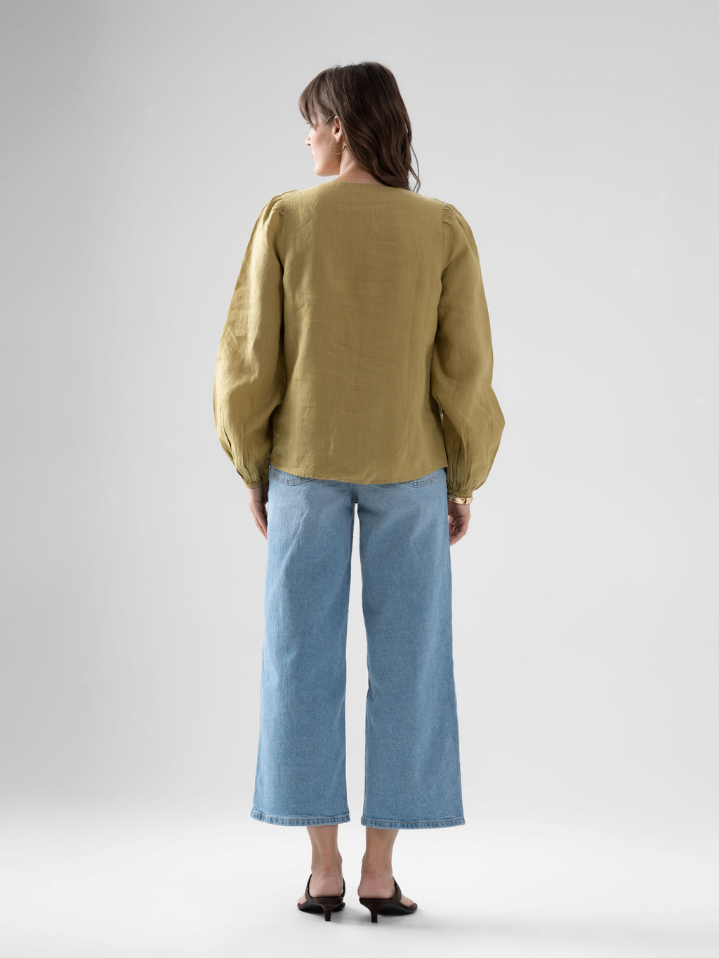 100% European Linen Regular Fit V-Neck Blouse - Olive Stone