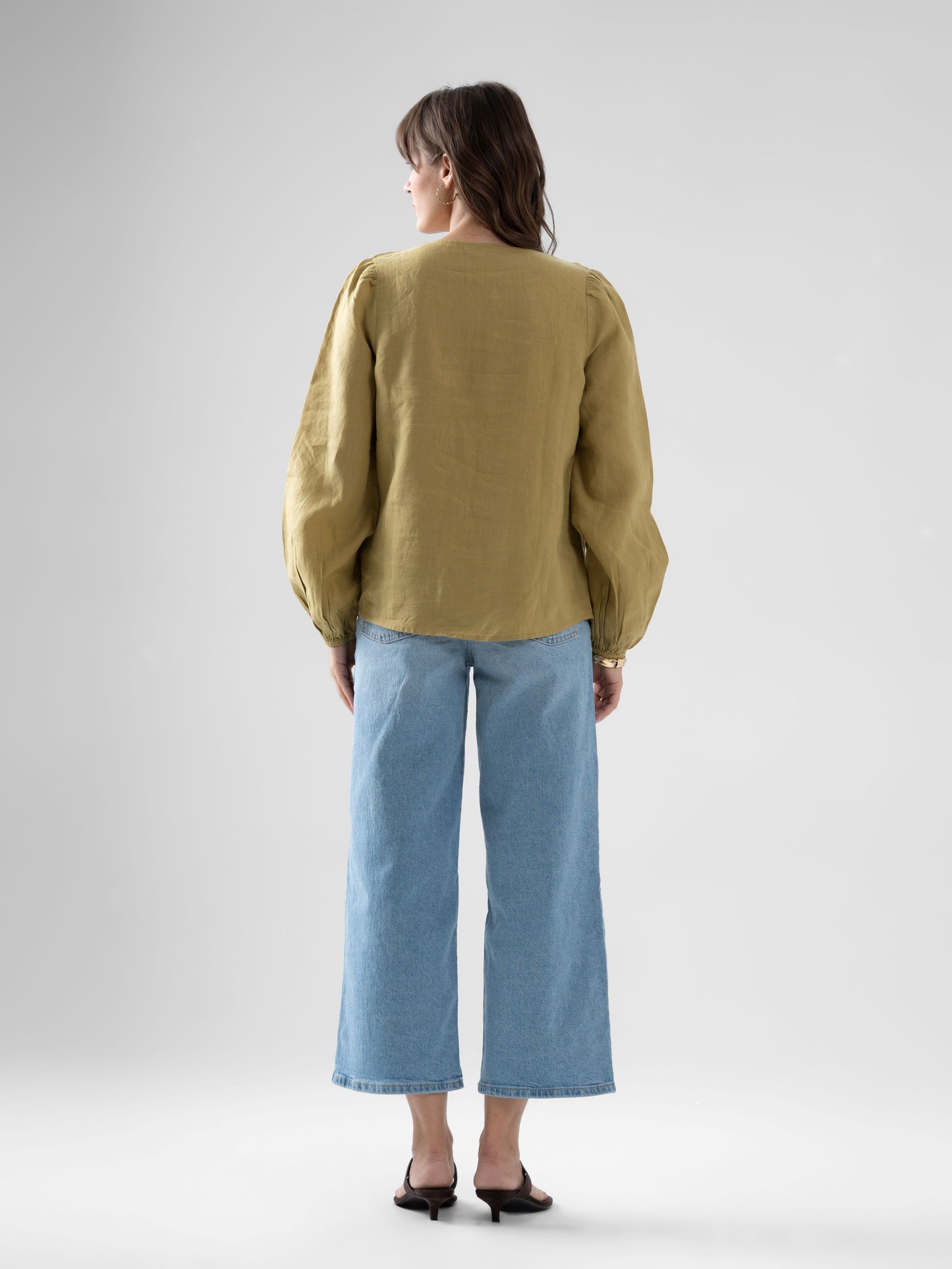 100% European Linen Regular Fit V-Neck Blouse - Olive Stone