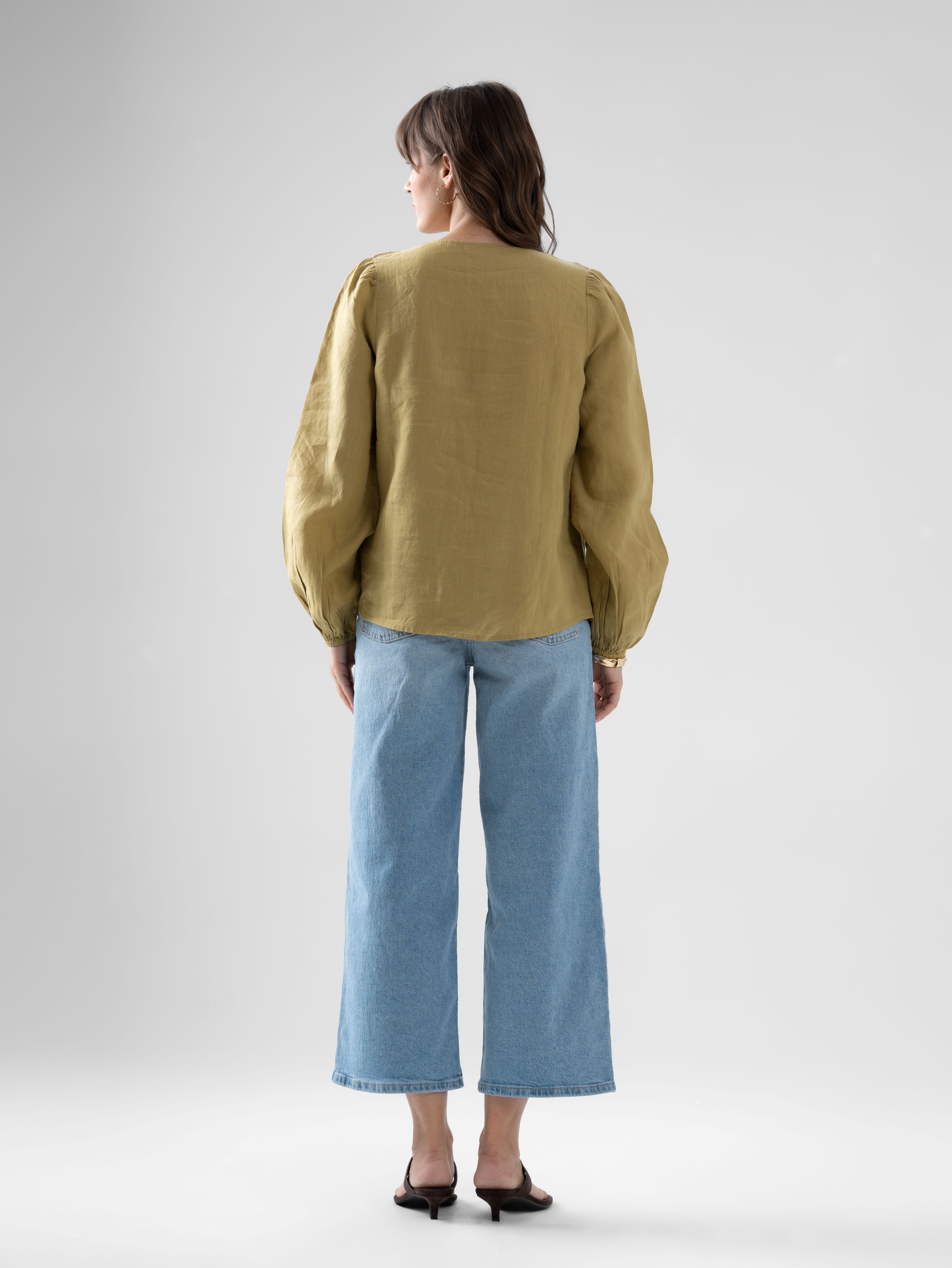 100% European Linen Regular Fit V-Neck Blouse - Olive Stone