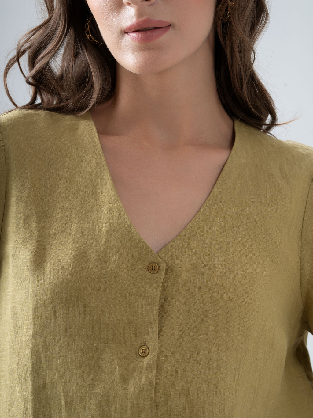 100% European Linen Regular Fit V-Neck Blouse - Olive Stone