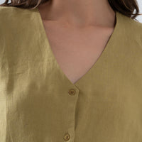 100% European Linen Regular Fit V-Neck Blouse - Olive Stone