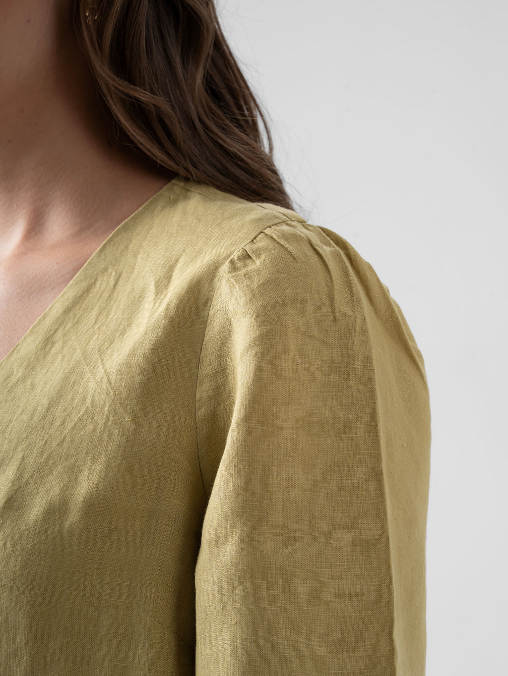100% European Linen Regular Fit V-Neck Blouse - Olive Stone
