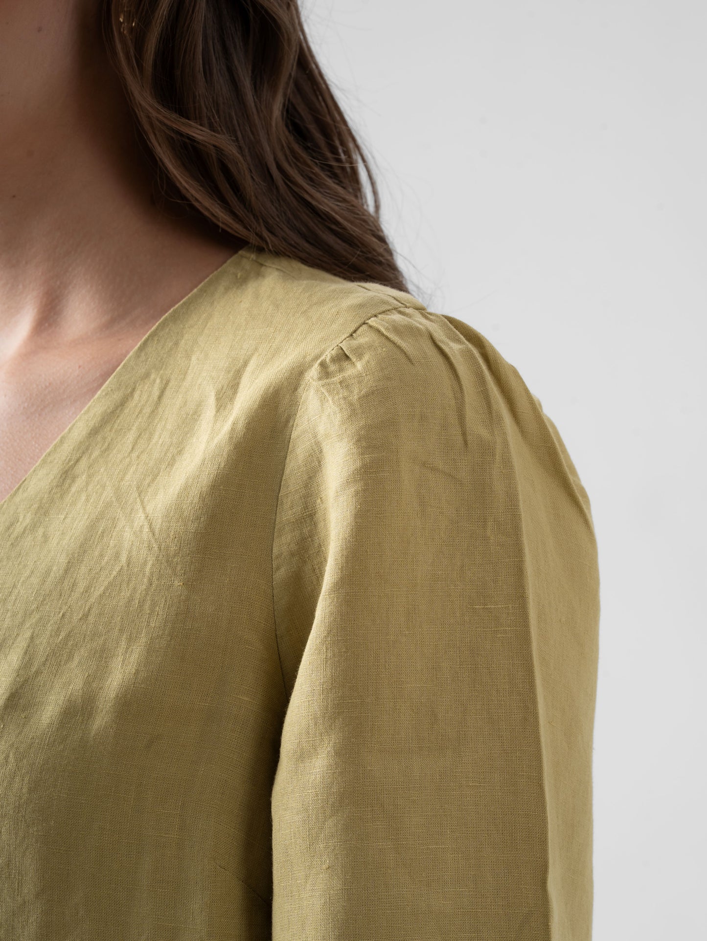 100% European Linen Regular Fit V-Neck Blouse - Olive Stone