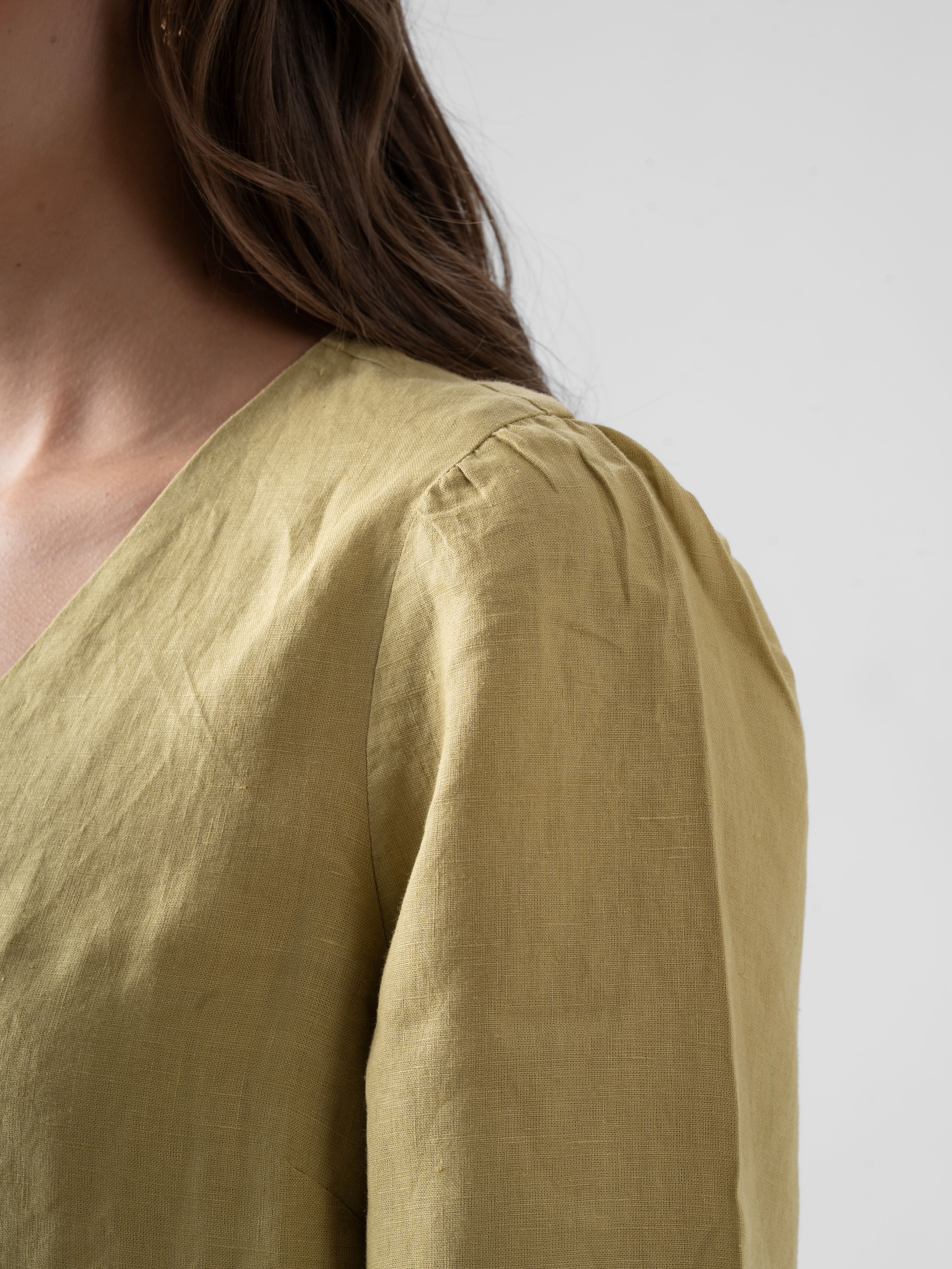 100% European Linen Regular Fit V-Neck Blouse - Olive Stone