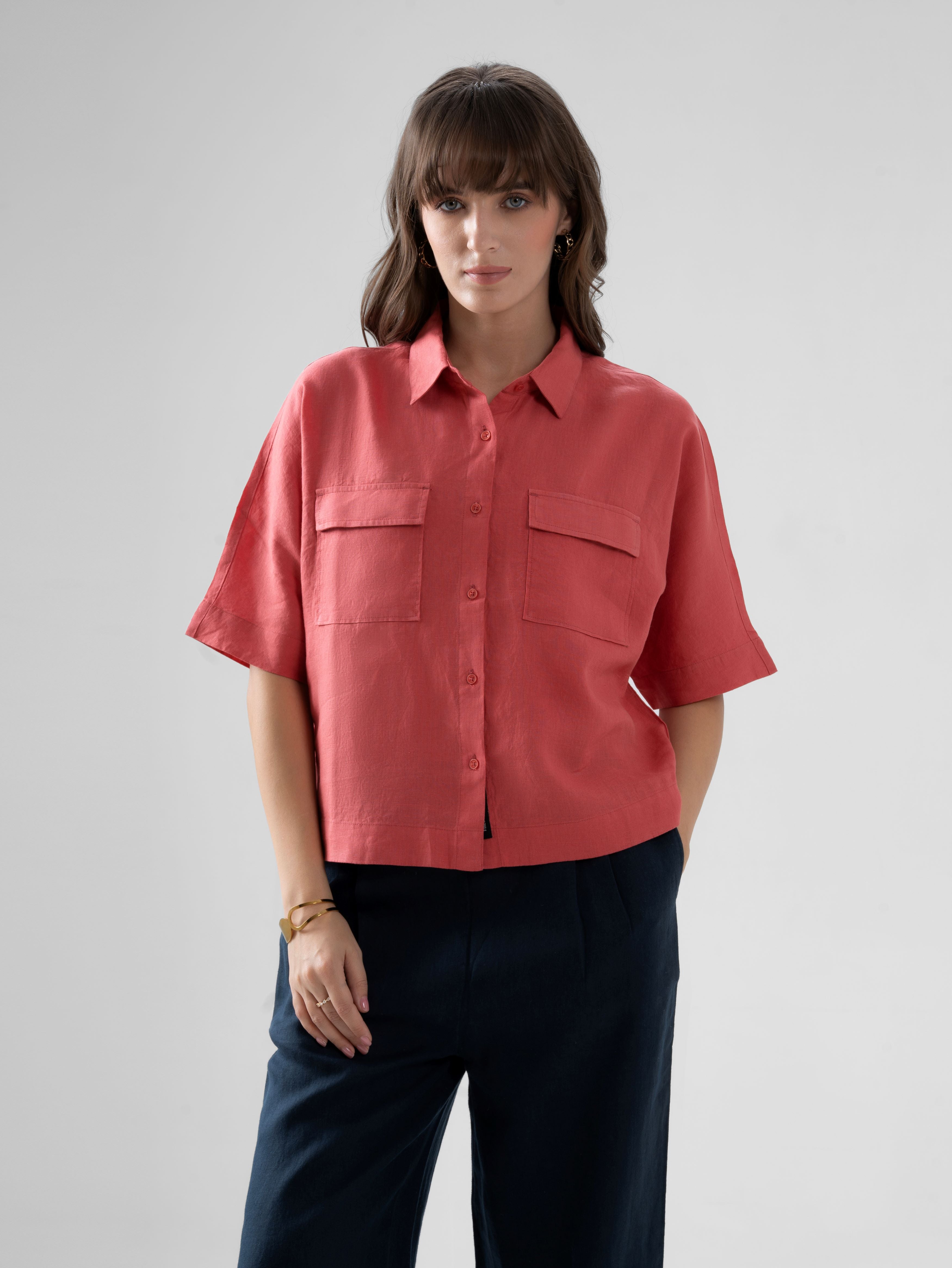 100% European Linen Utility Shirt - Coral