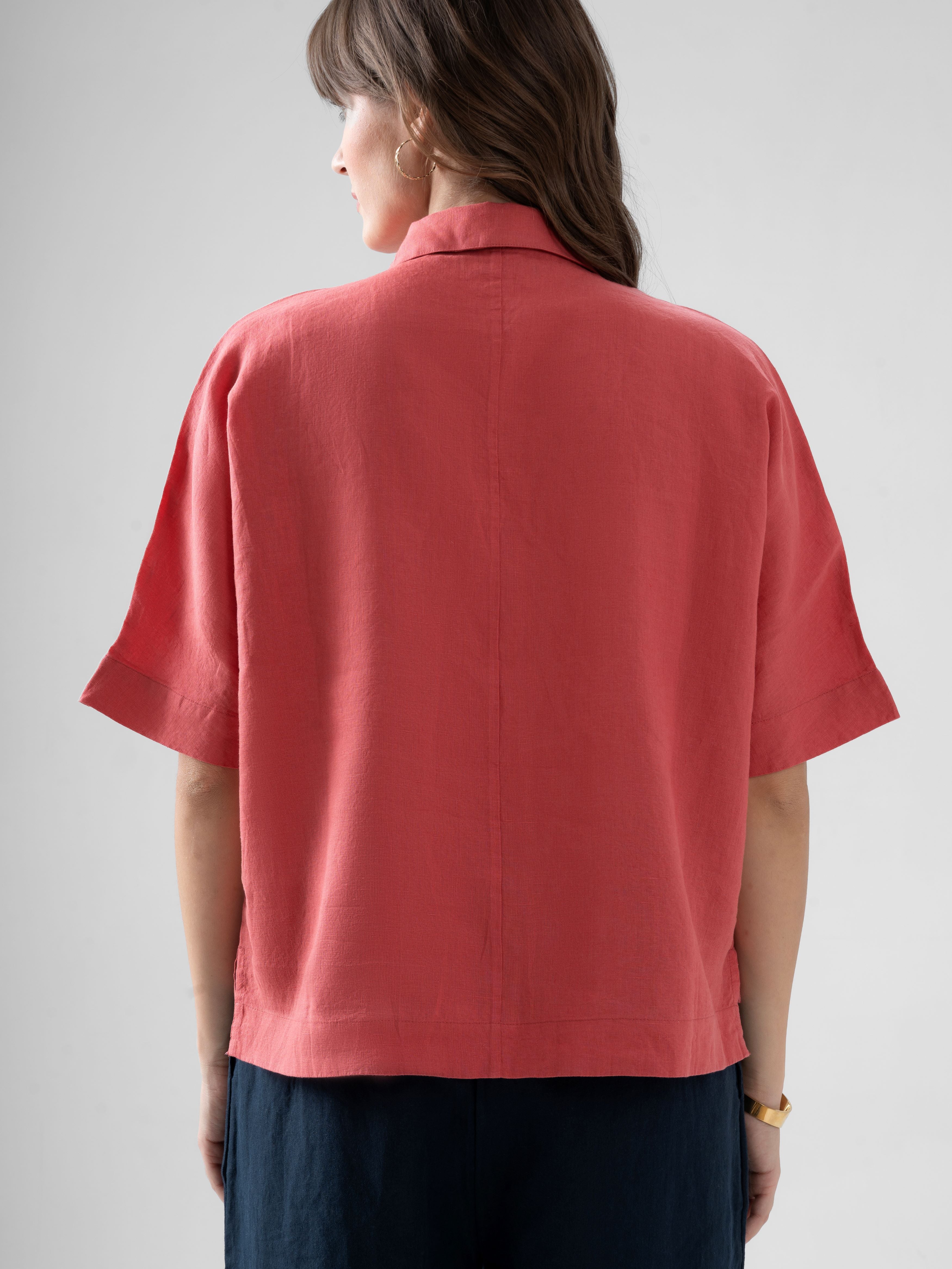 100% European Linen Utility Shirt - Coral