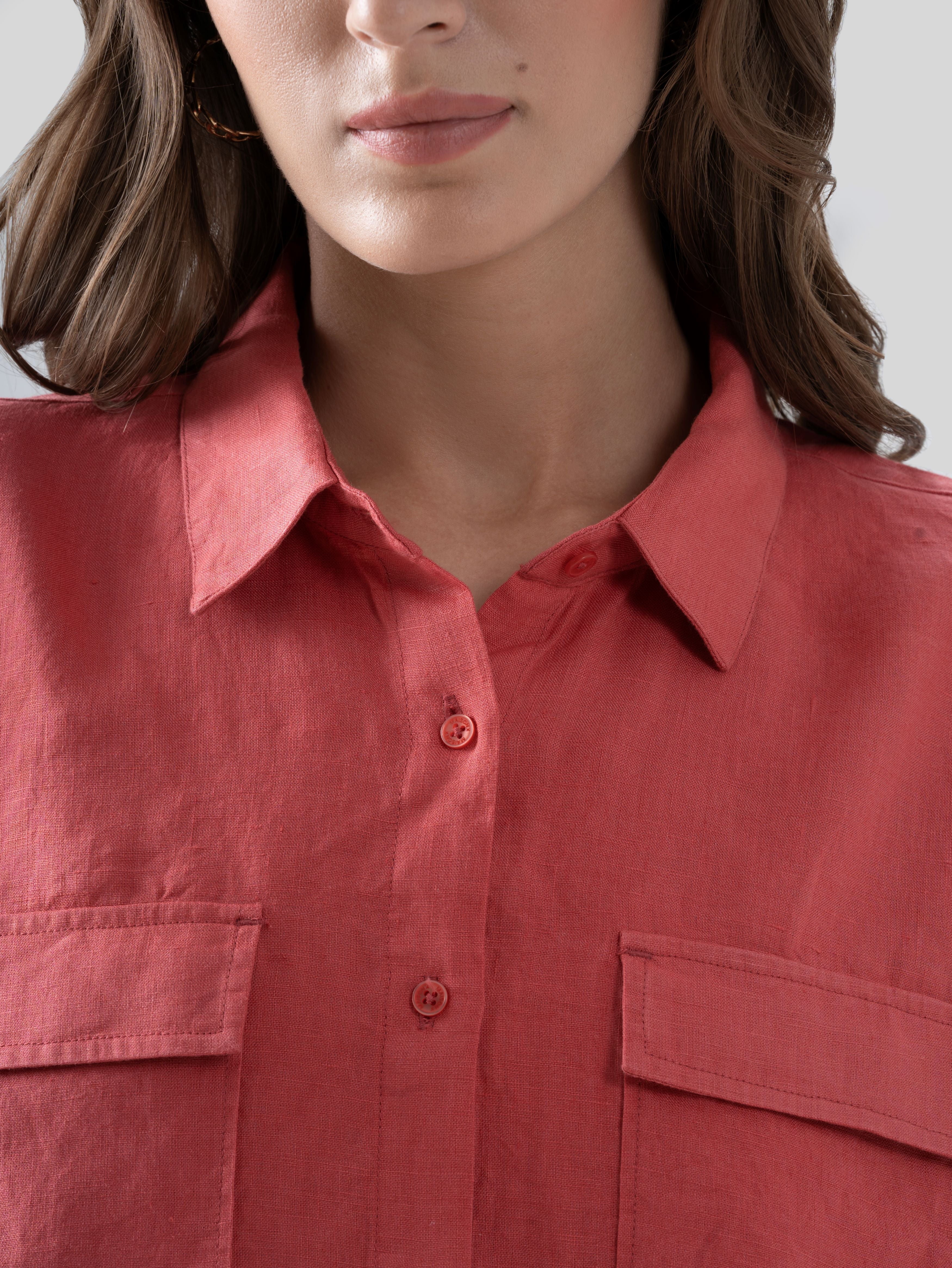 100% European Linen Utility Shirt - Coral