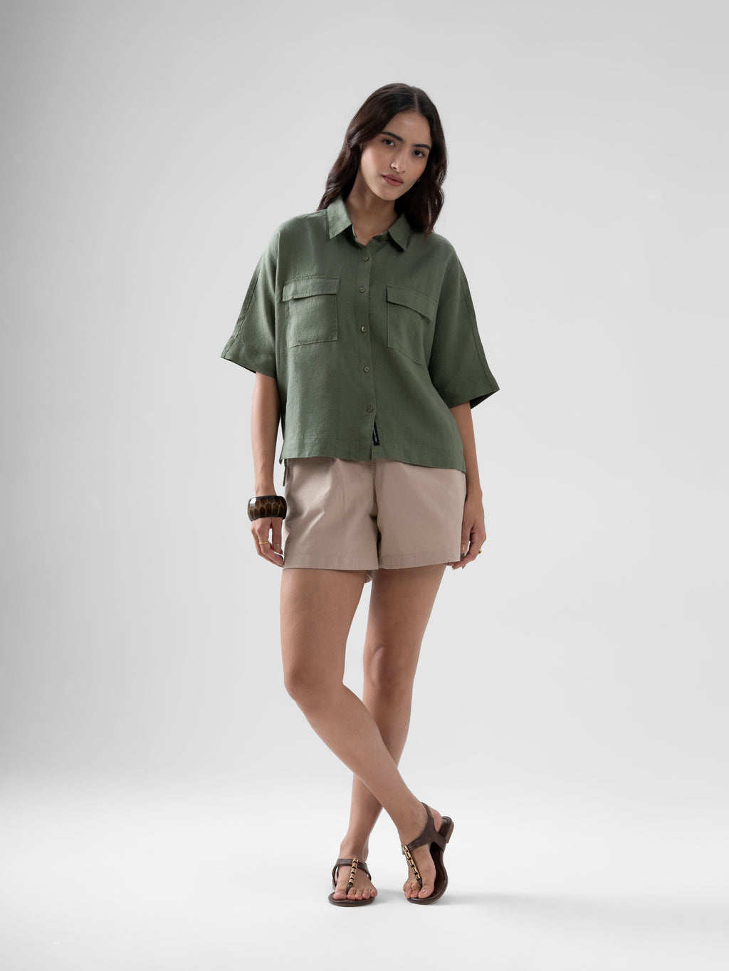 100% European Linen Utility Shirt - Olive
