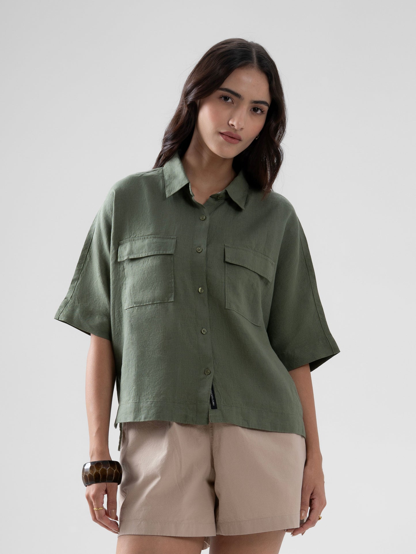 100% European Linen Utility Shirt - Olive