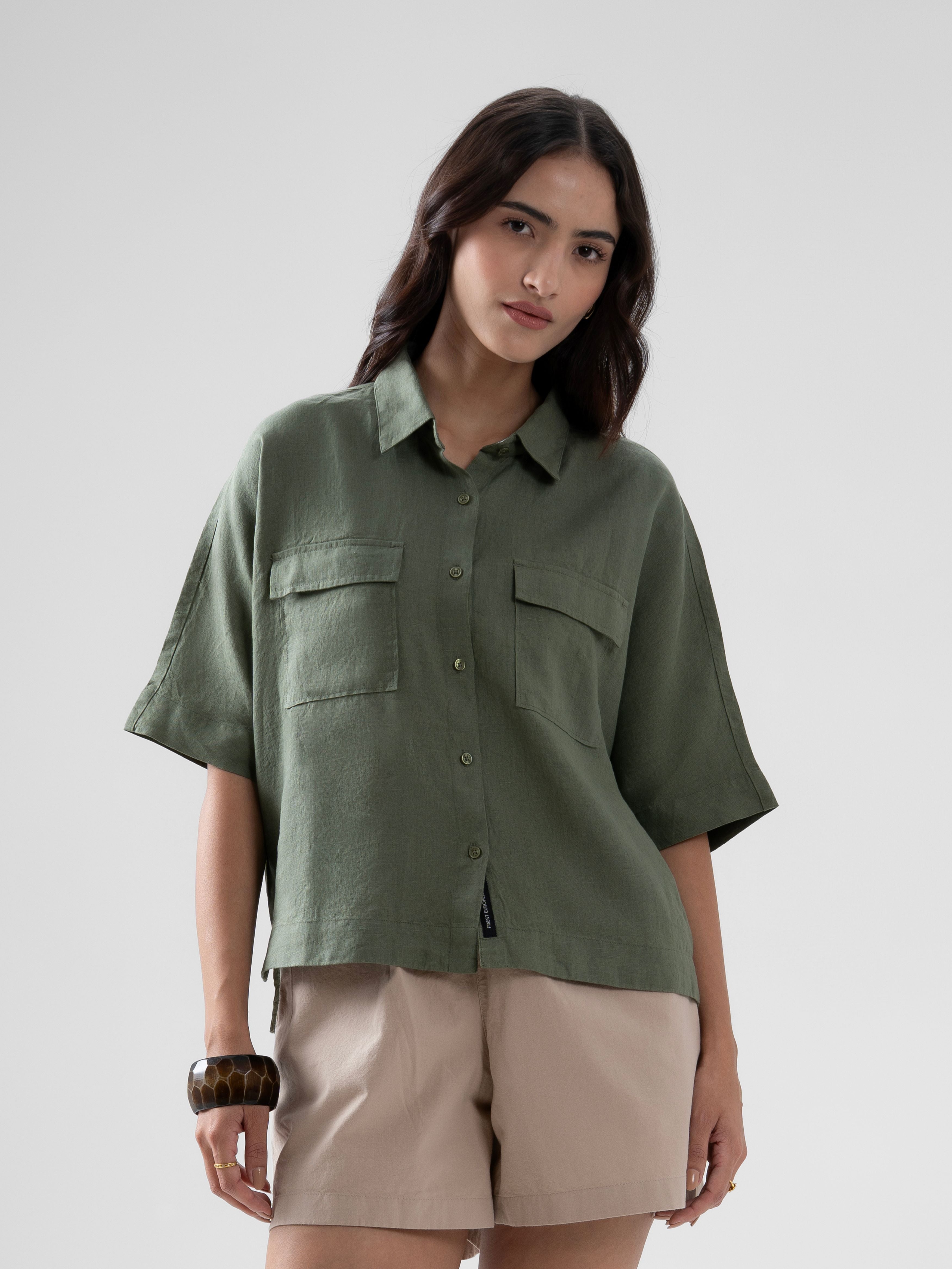 100% European Linen Utility Shirt - Olive