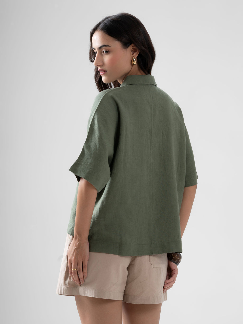 100% European Linen Utility Shirt - Olive
