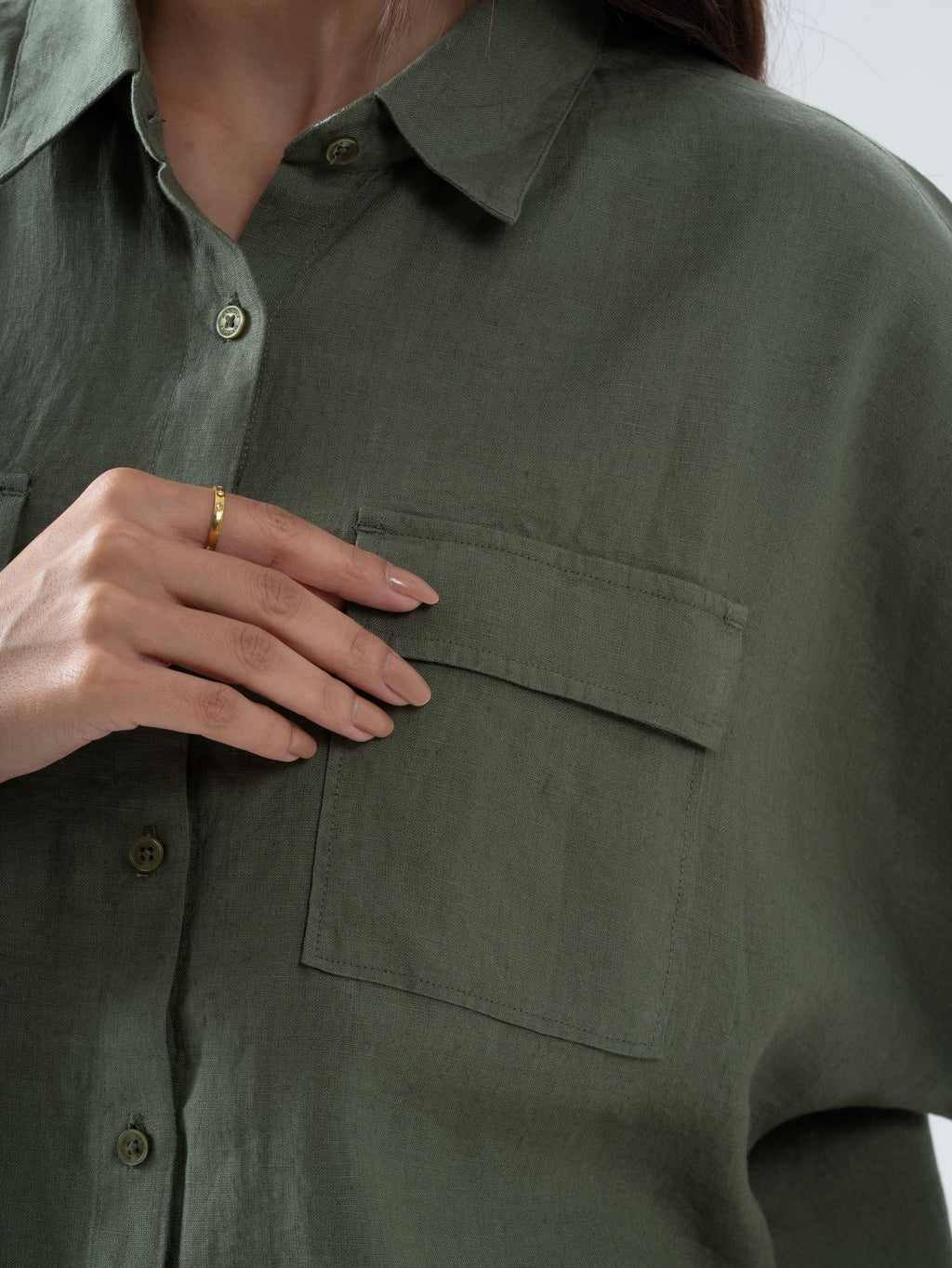 100% European Linen Utility Shirt - Olive