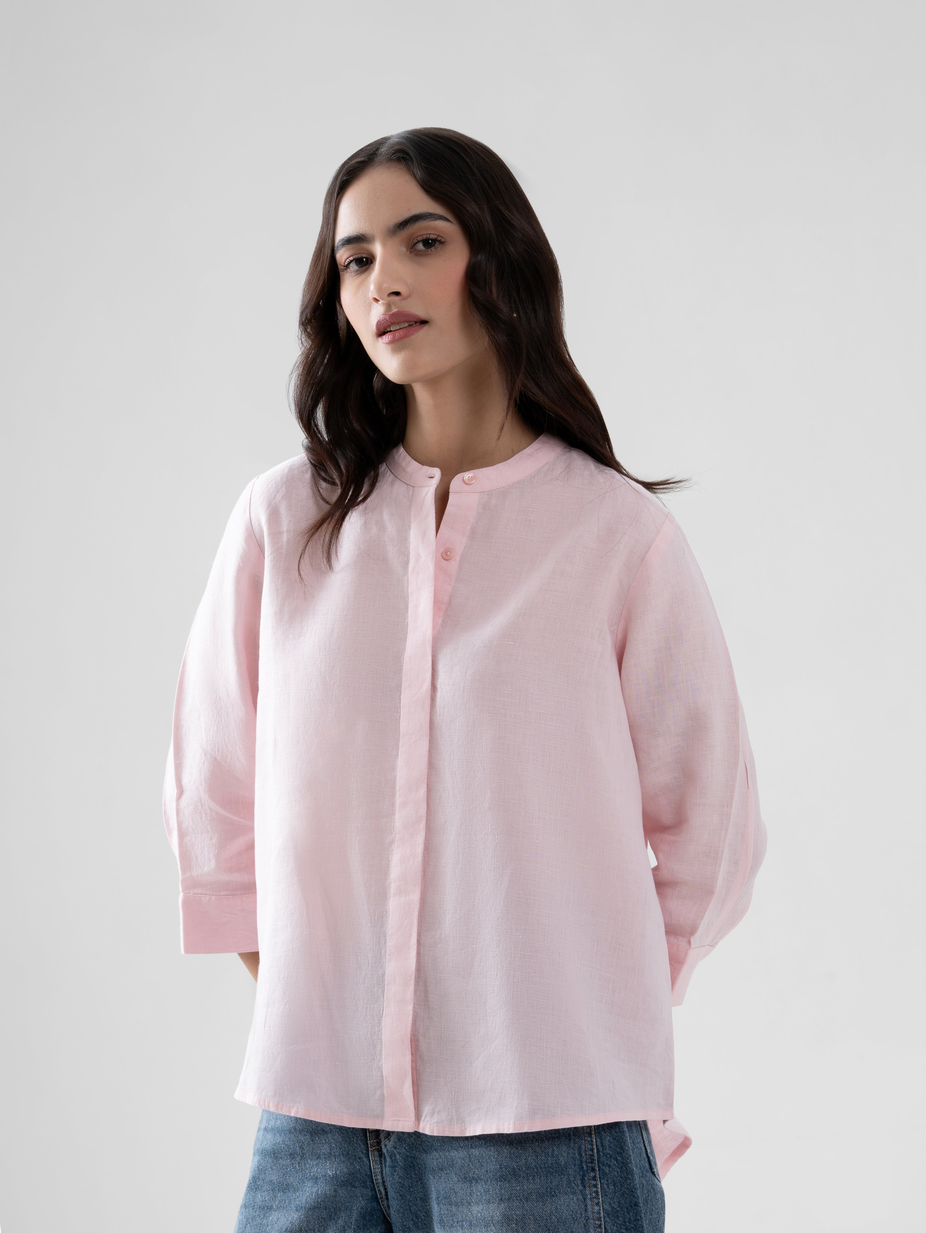 100% European Linen Mandarin Collar 3/4th Sleeve Shirt - Light Pink