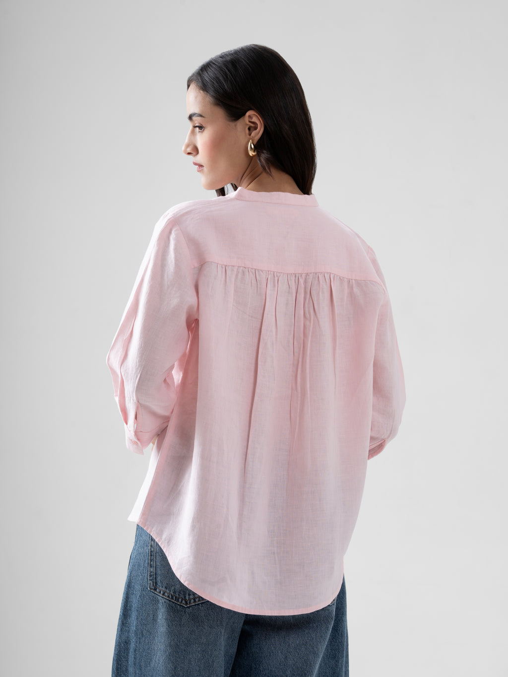 100% European Linen Mandarin Collar 3/4th Sleeve Shirt - Light Pink