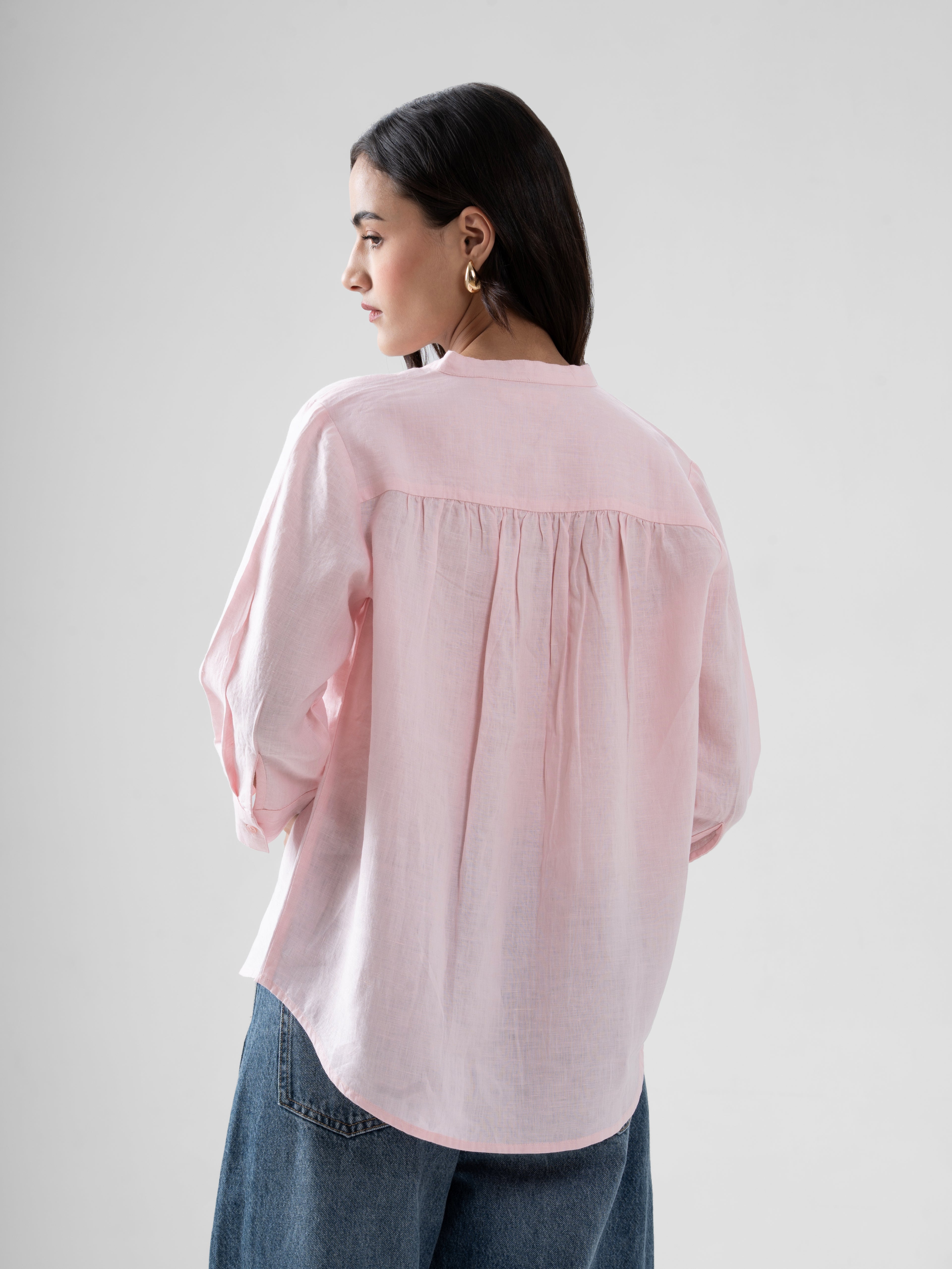 100% European Linen Mandarin Collar 3/4th Sleeve Shirt - Light Pink